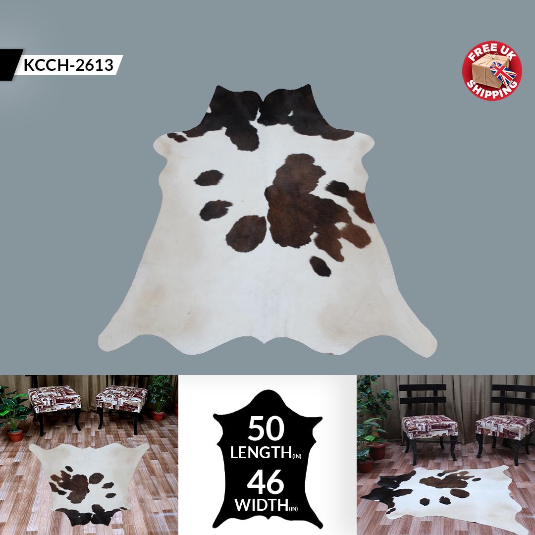 Luxurious Medium Brown & White Cowhide Rug with Hypoallergenic Suede Backing - Handcrafted Natural Hide Rug for Timeless Style and Elegance