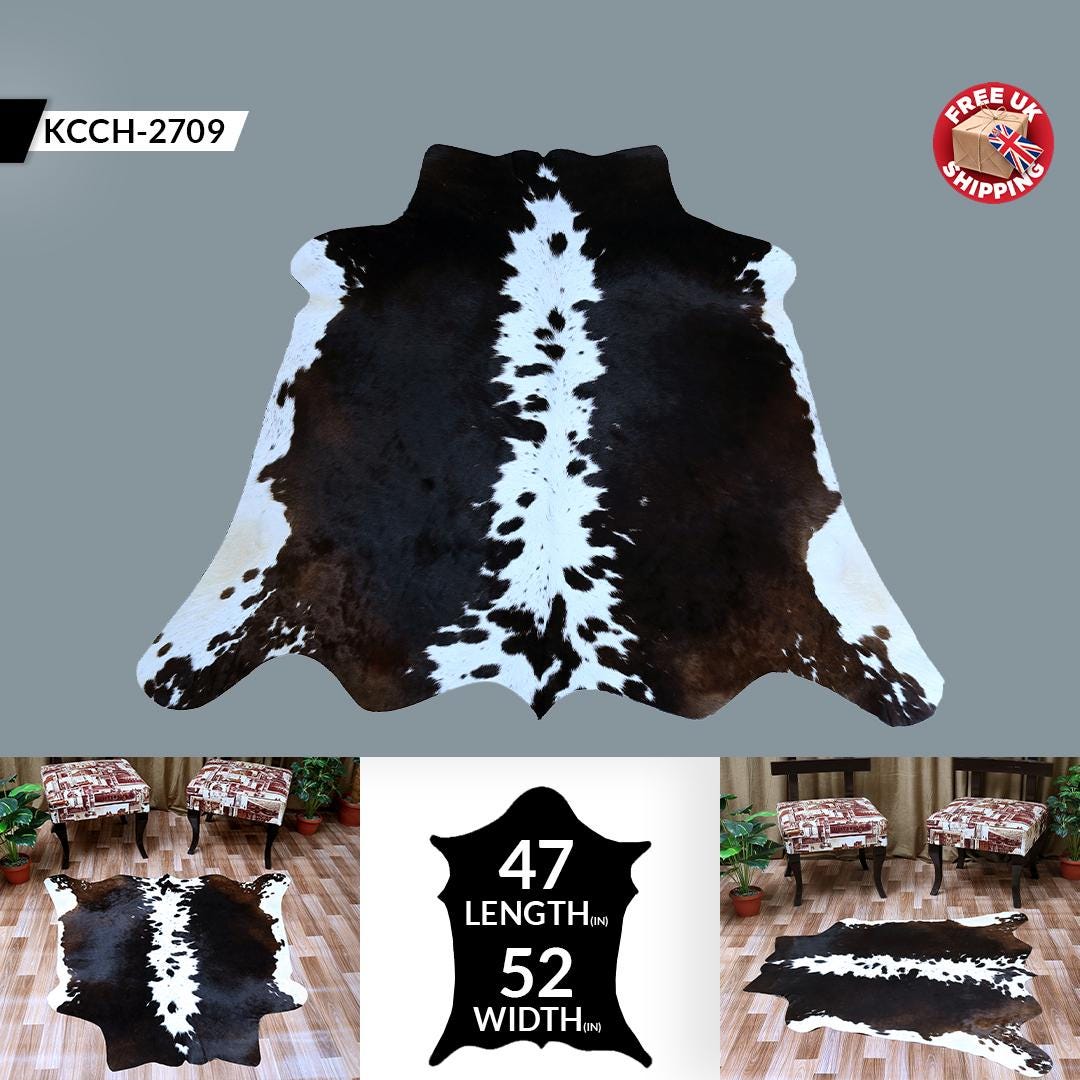 Luxurious Brown & White Cowhide Rug - Handcrafted Natural Hide, Hypoallergenic, Non-Slip Backing, Unique Animal Pattern, Durable - Versatile