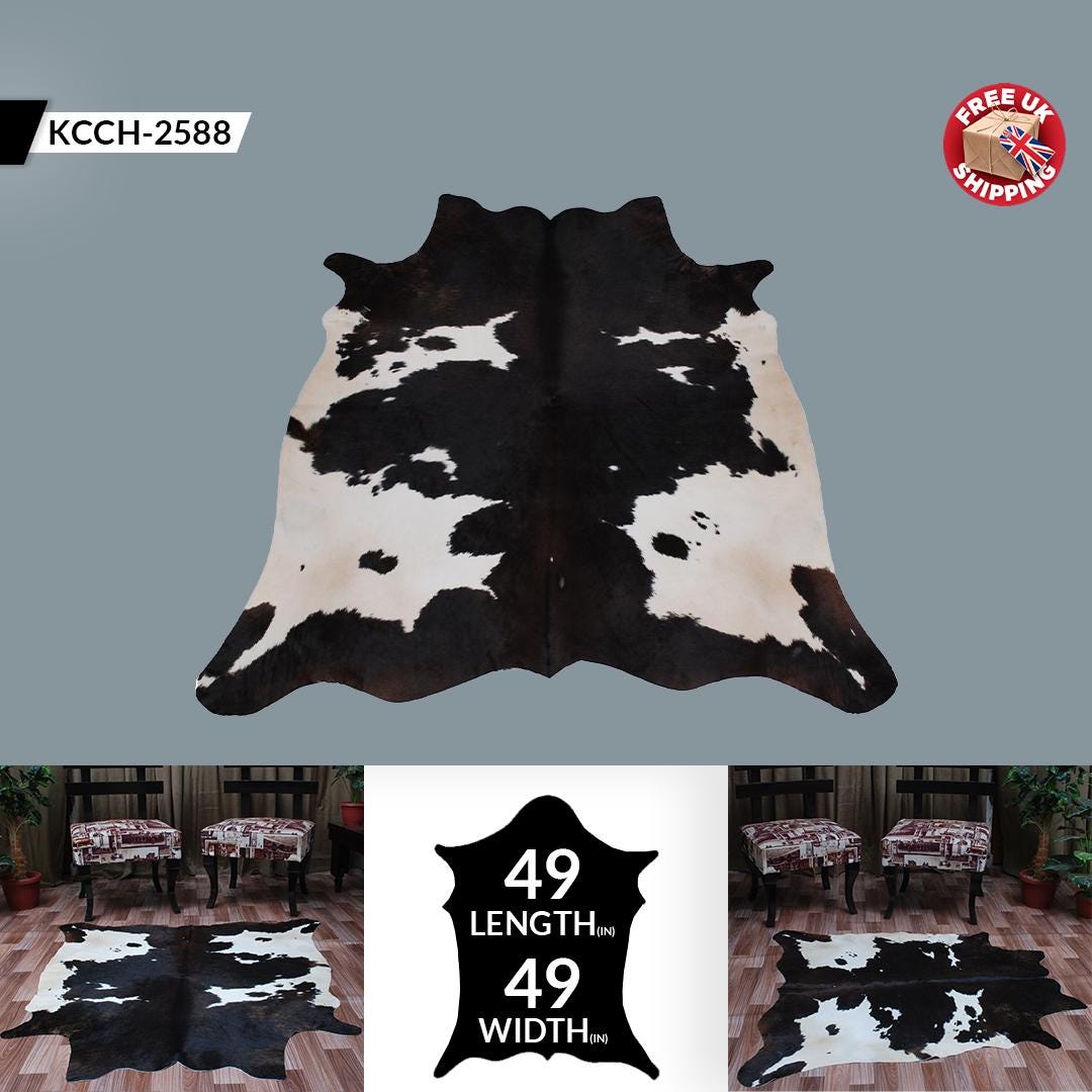 Luxury Handcrafted Medium Brown and White Cowhide Rug - Hypoallergenic, Non-Slip Backing, One-of-a-Kind Natural Beauty