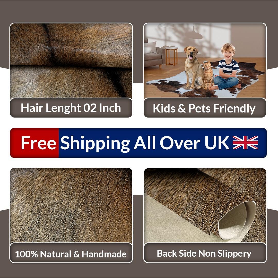 Luxury Natural Cowhide Rug with Brown and White Hair | Hypoallergenic Medium Size | Handcrafted One-of-a-Kind Decor Piece