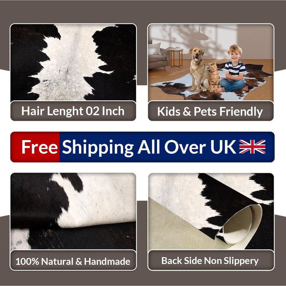 Luxurious Black & White Cowhide Rug for Bedroom or Living Room - Hypoallergenic, Non-Slip, Non-Shedding - Handselected Premium Hide - Celestial Leather Limited