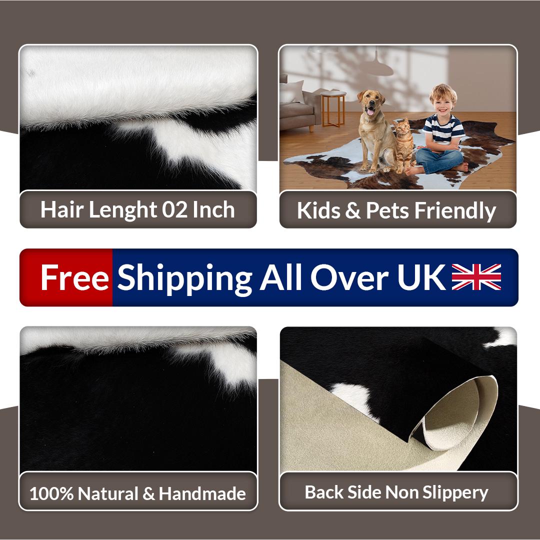 Stunning Black & White Cowhide Rug | Hypoallergenic - Non-shedding | Luxurious - Durable Animal Print Carpet for Lounge | Free UK Shipping