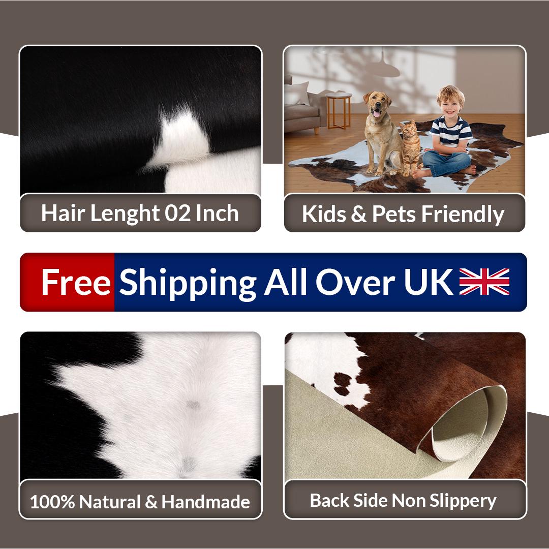 Luxury Brown & White Cowhide Rug | Large Size | Hypoallergenic, Non-Slip, Non-Shedding | Perfect for Bedroom - Living Room | Free UK