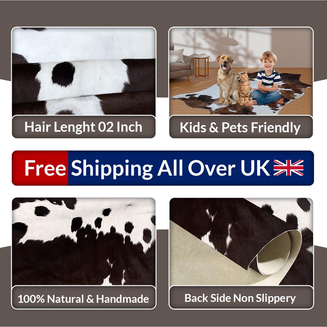 Luxurious Large Brown and White Cowhide Rug - Hypoallergenic, Non-Slip, Non-Shedding - Free Shipping Across UK - Soft, Natural Hair Rug - Celestial Leather Limited