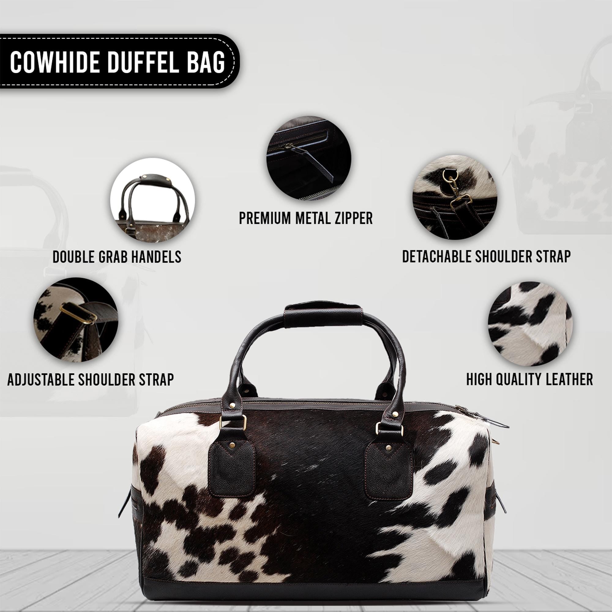 Luxury Genuine Cowhide Leather Duffle Bag - Brown & White Travel Tote Carry-On with Pony Hair Fur Finish - Adjustable Strap