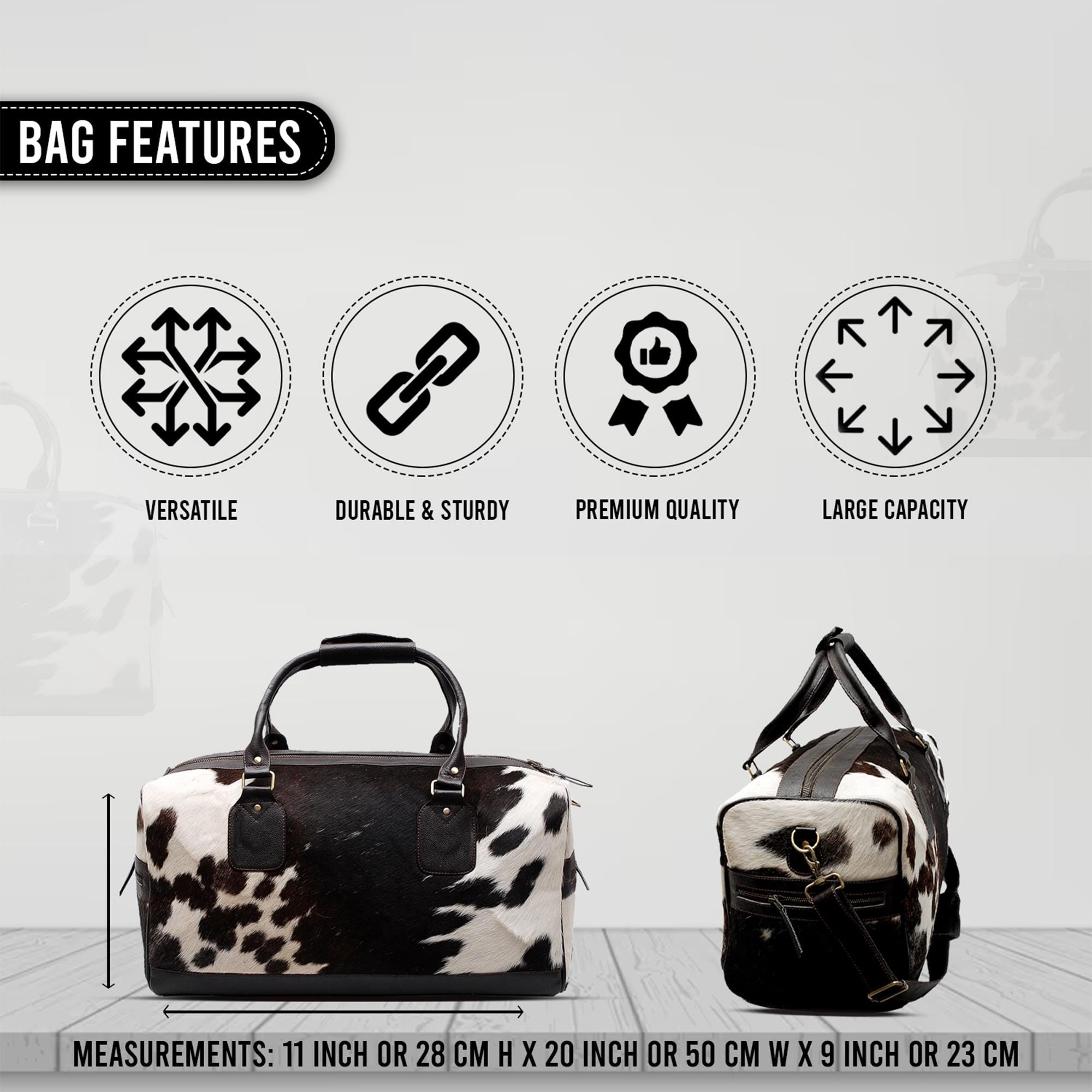 Luxury Genuine Cowhide Leather Duffle Bag - Brown & White Travel Tote Carry-On with Pony Hair Fur Finish - Adjustable Strap