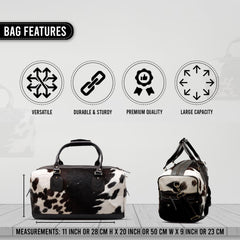 Luxury Genuine Cowhide Leather Duffle Bag - Brown & White Travel Tote Carry-On with Pony Hair Fur Finish - Adjustable Strap