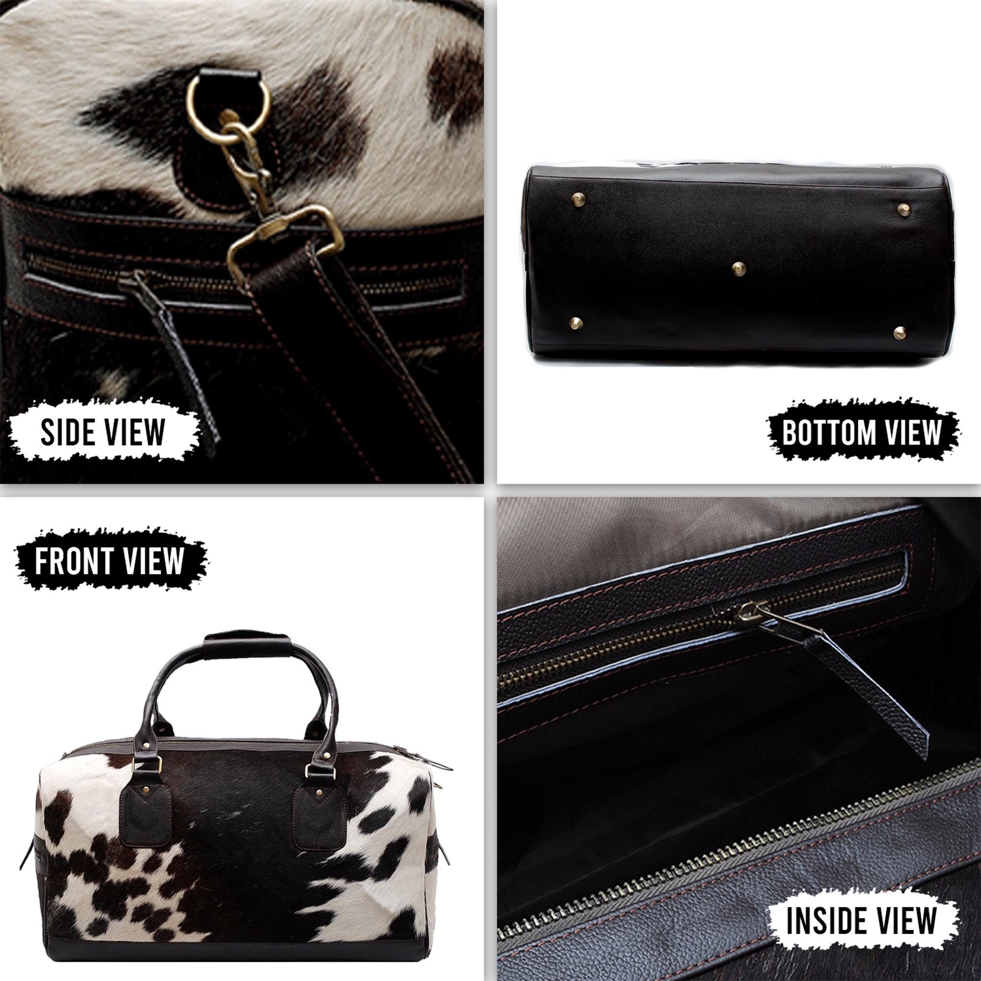 Luxury Genuine Cowhide Leather Duffle Bag - Brown & White Travel Tote Carry-On with Pony Hair Fur Finish - Adjustable Strap