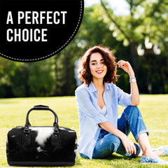 Handcrafted Black White Cowhide Leather Duffle Bag for Stylish Travelers - Premium Quality Carry-On Tote for Men & Women