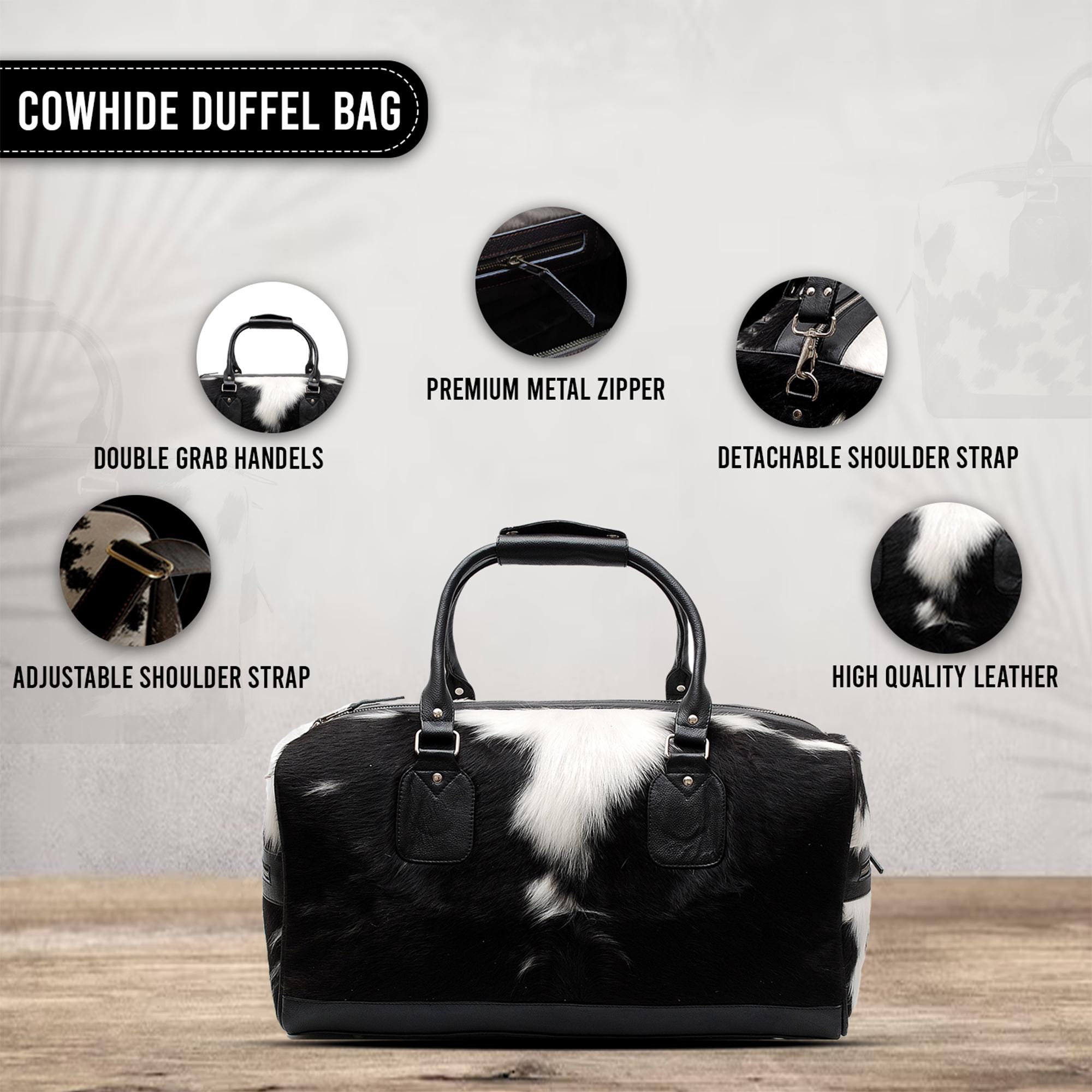 Handcrafted Black White Cowhide Leather Duffle Bag for Stylish Travelers - Premium Quality Carry-On Tote for Men & Women