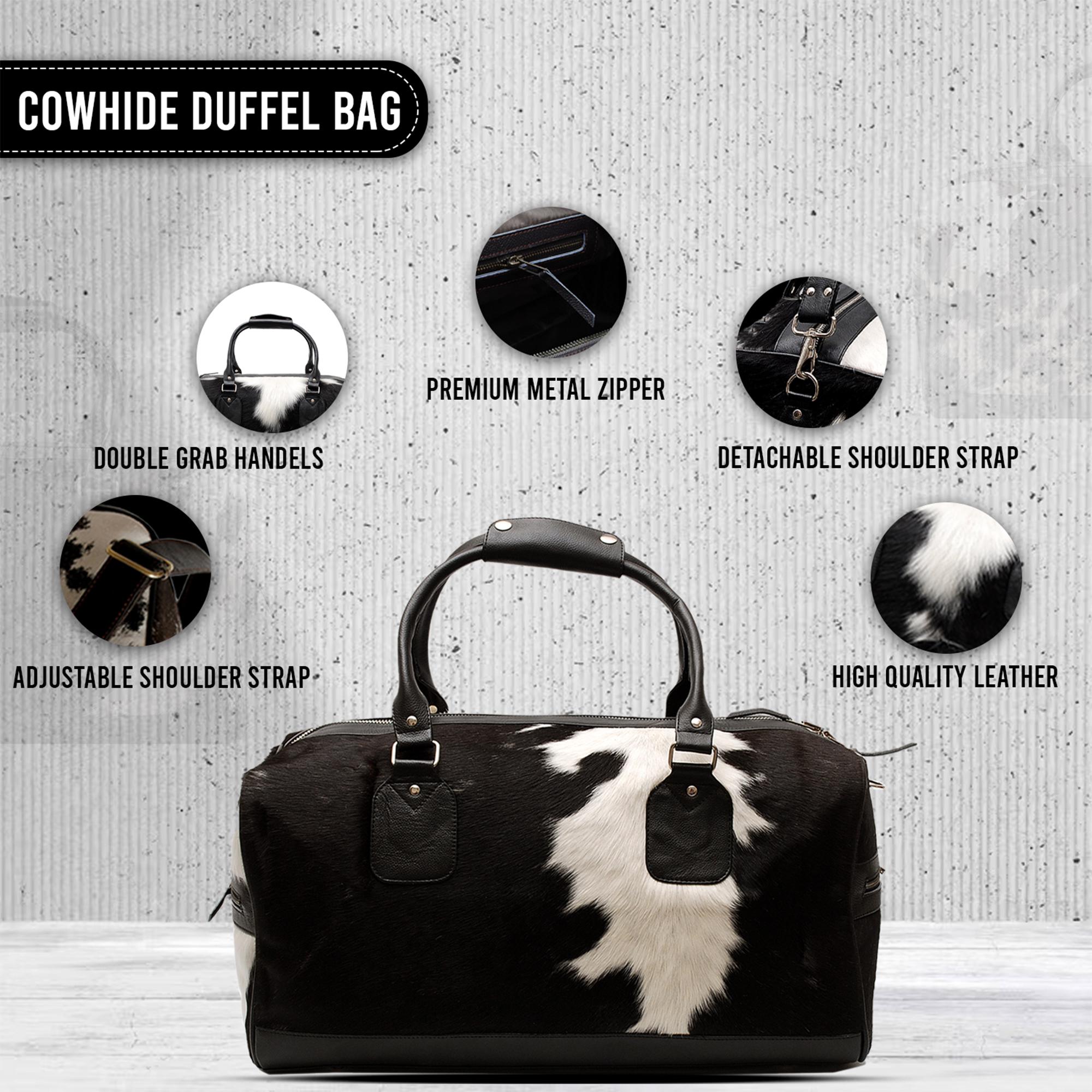 Luxury Hair-On-Hide Leather Duffle Bag with Full-Grain Accents - Handcrafted Travel Tote for Men & Women in Black and White