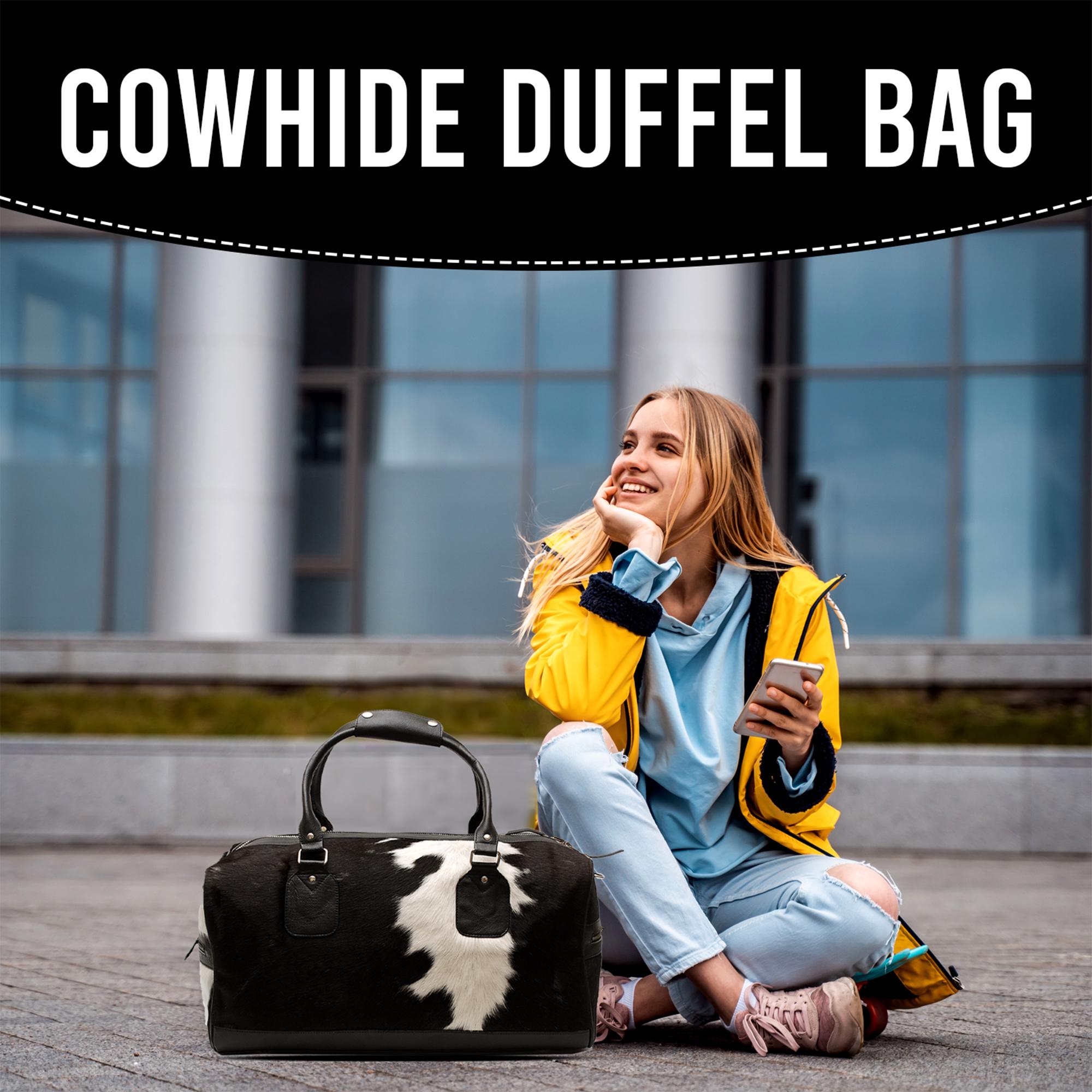 Luxury Hair-On-Hide Leather Duffle Bag with Full-Grain Accents - Handcrafted Travel Tote for Men & Women in Black and White