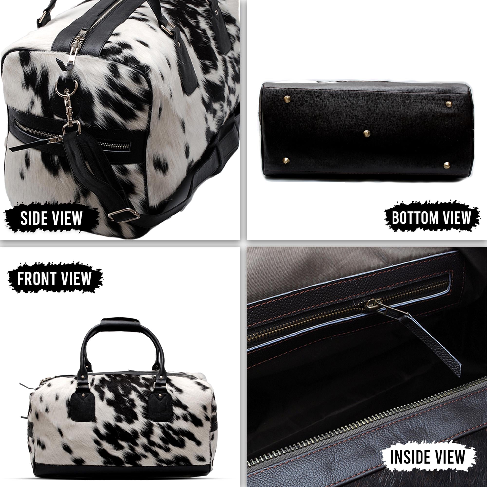 Luxury Genuine Cowhide Leather Weekend Bag with Natural Pony Hair Finish in Black and White - Stylish Duffle for Men and Women