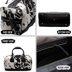 Luxury Genuine Cowhide Leather Weekend Bag with Natural Pony Hair Finish in Black and White - Stylish Duffle for Men and Women