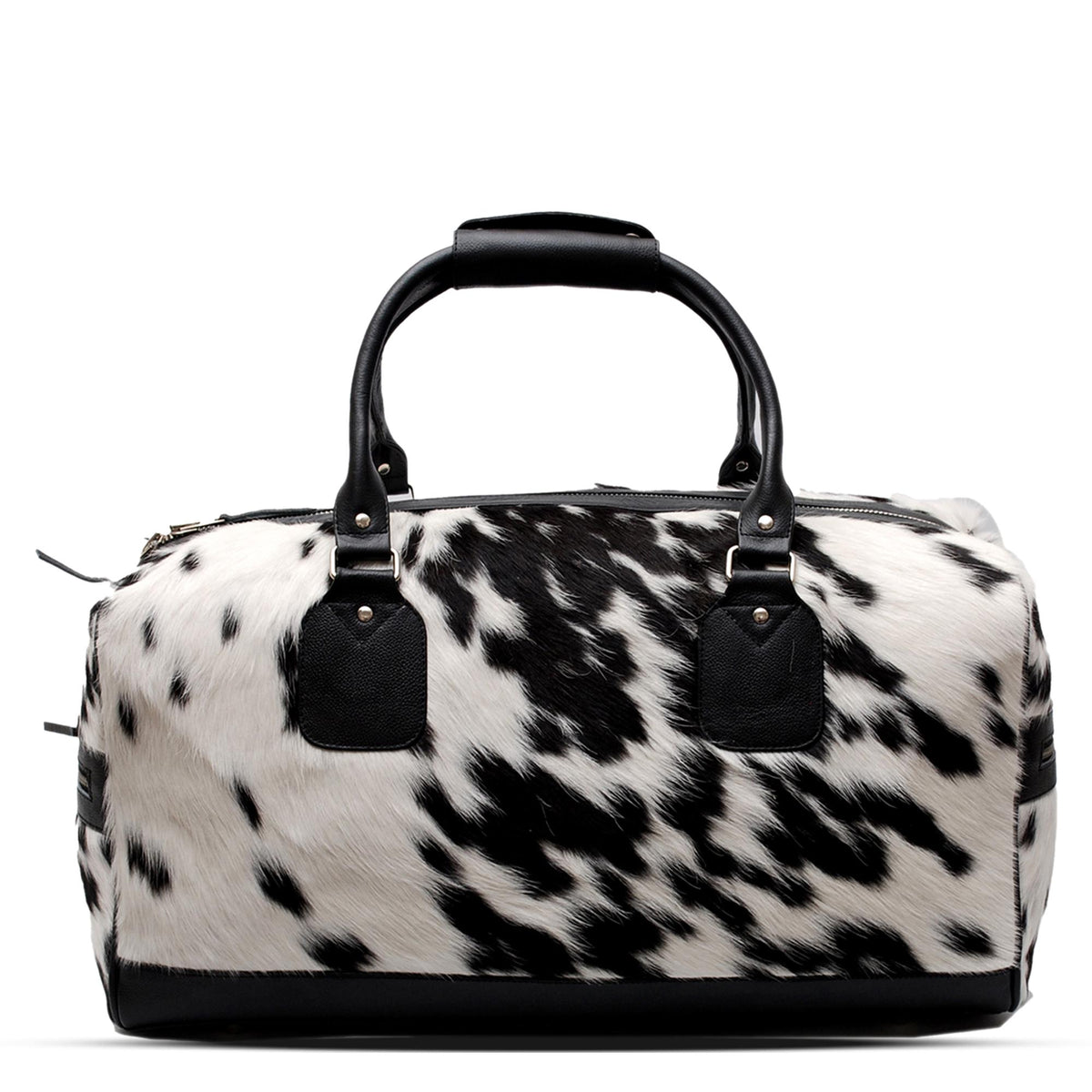 Luxury Genuine Cowhide Leather Weekend Bag with Natural Pony Hair Finish in Black and White - Stylish Duffle for Men and Women
