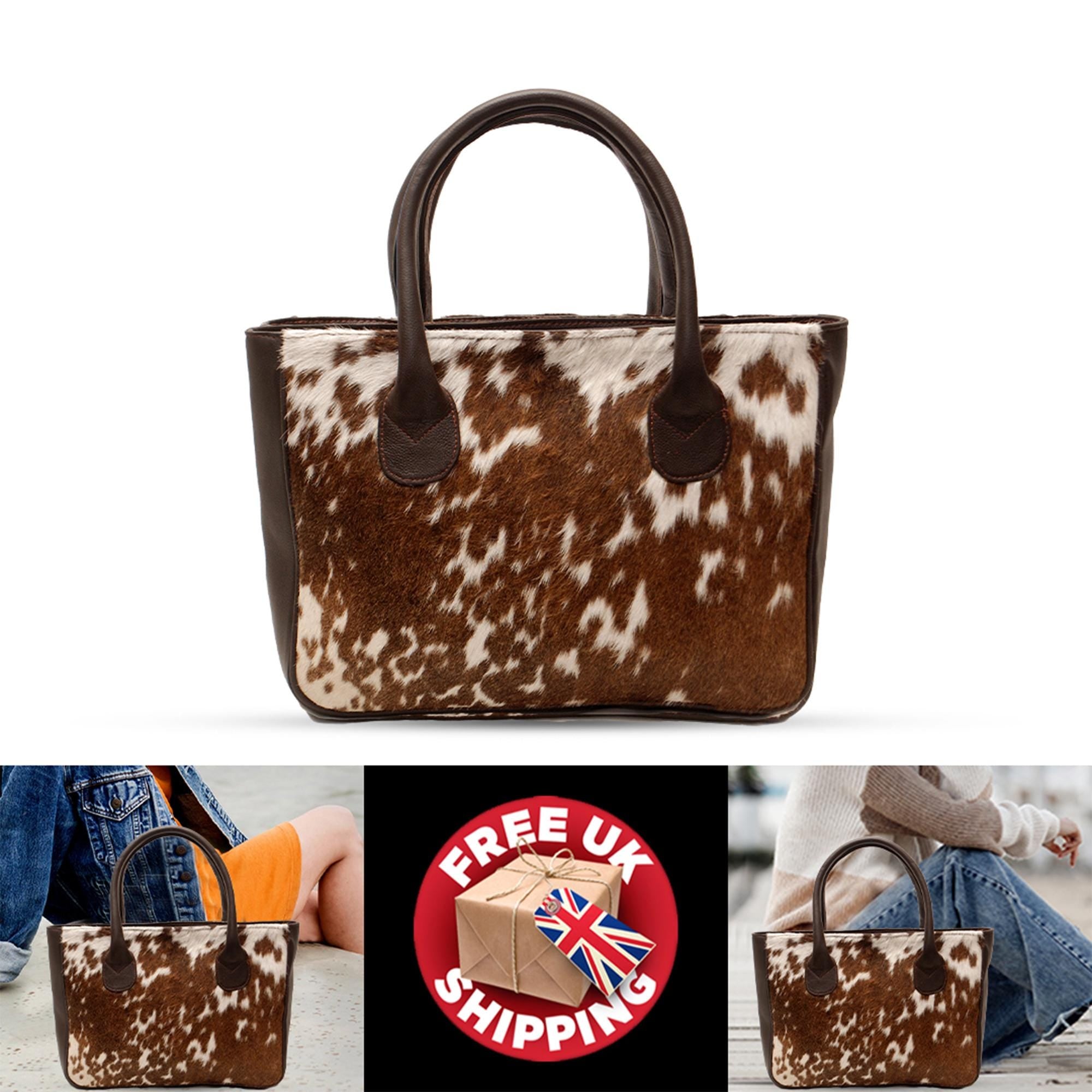 Stylish Brown and White Cowhide Shoulder Bag - Handmade Animal Print Leather Tote with Fast Worldwide Shipping