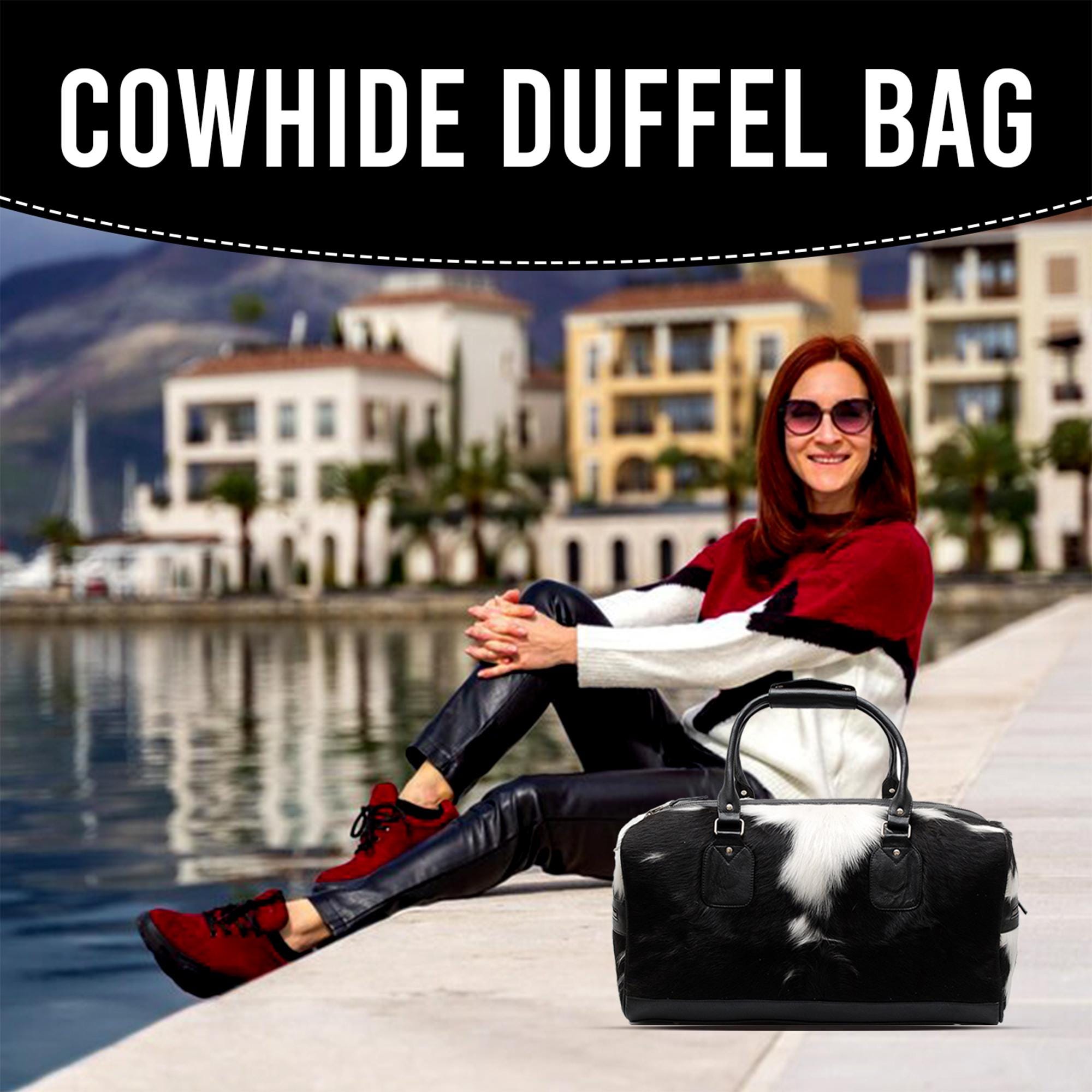 Handcrafted Black White Cowhide Leather Duffle Bag for Stylish Travelers - Premium Quality Carry-On Tote for Men & Women