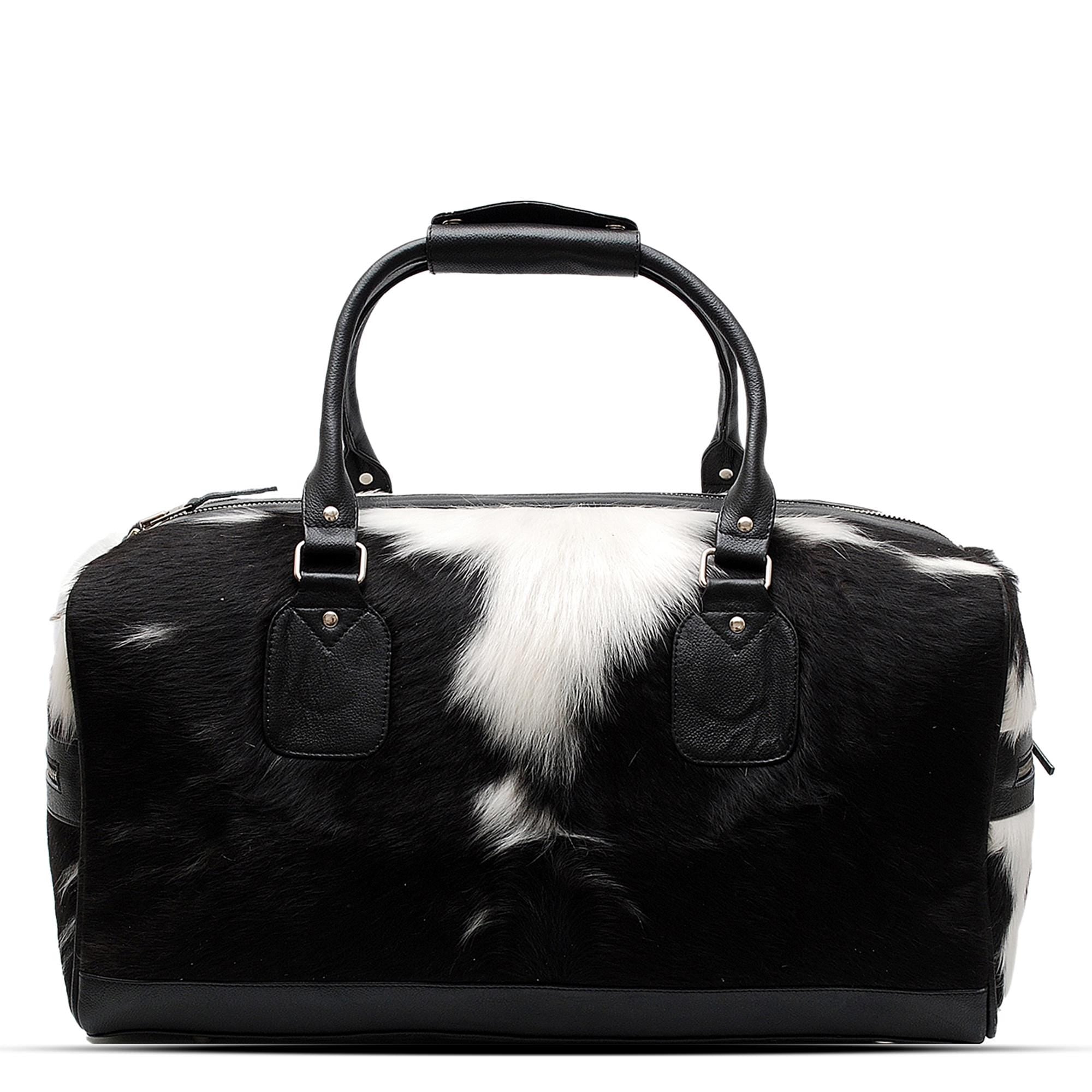 Handcrafted Black White Cowhide Leather Duffle Bag for Stylish Travelers - Premium Quality Carry-On Tote for Men & Women