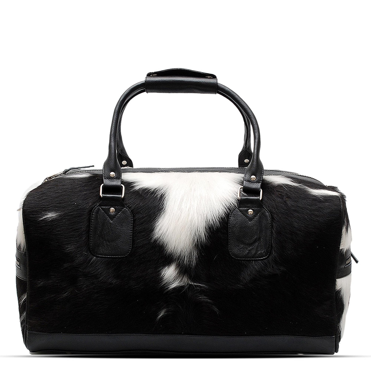 Handcrafted Black White Cowhide Leather Duffle Bag for Stylish Travelers - Premium Quality Carry-On Tote for Men & Women