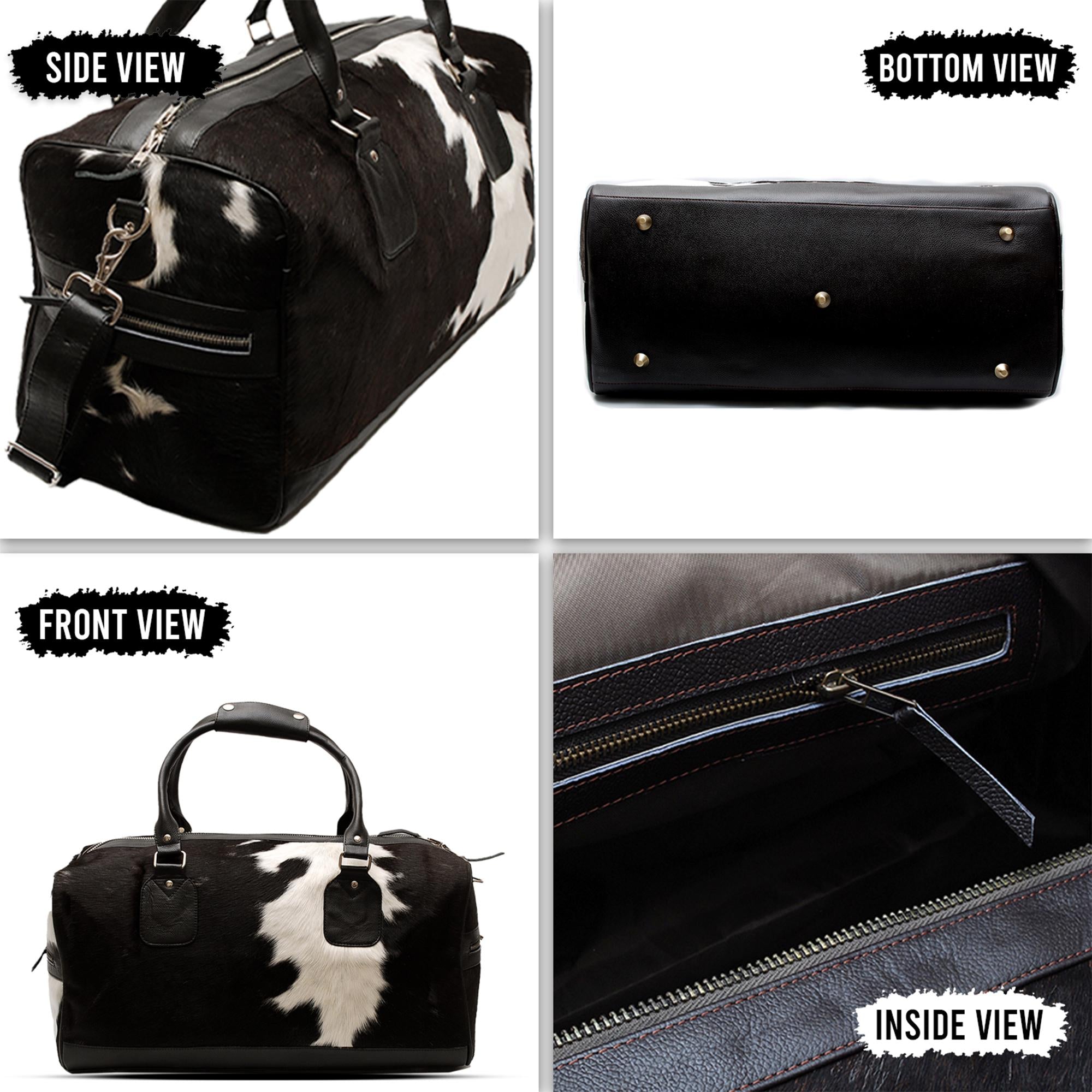 Luxury Hair-On-Hide Leather Duffle Bag with Full-Grain Accents - Handcrafted Travel Tote for Men & Women in Black and White