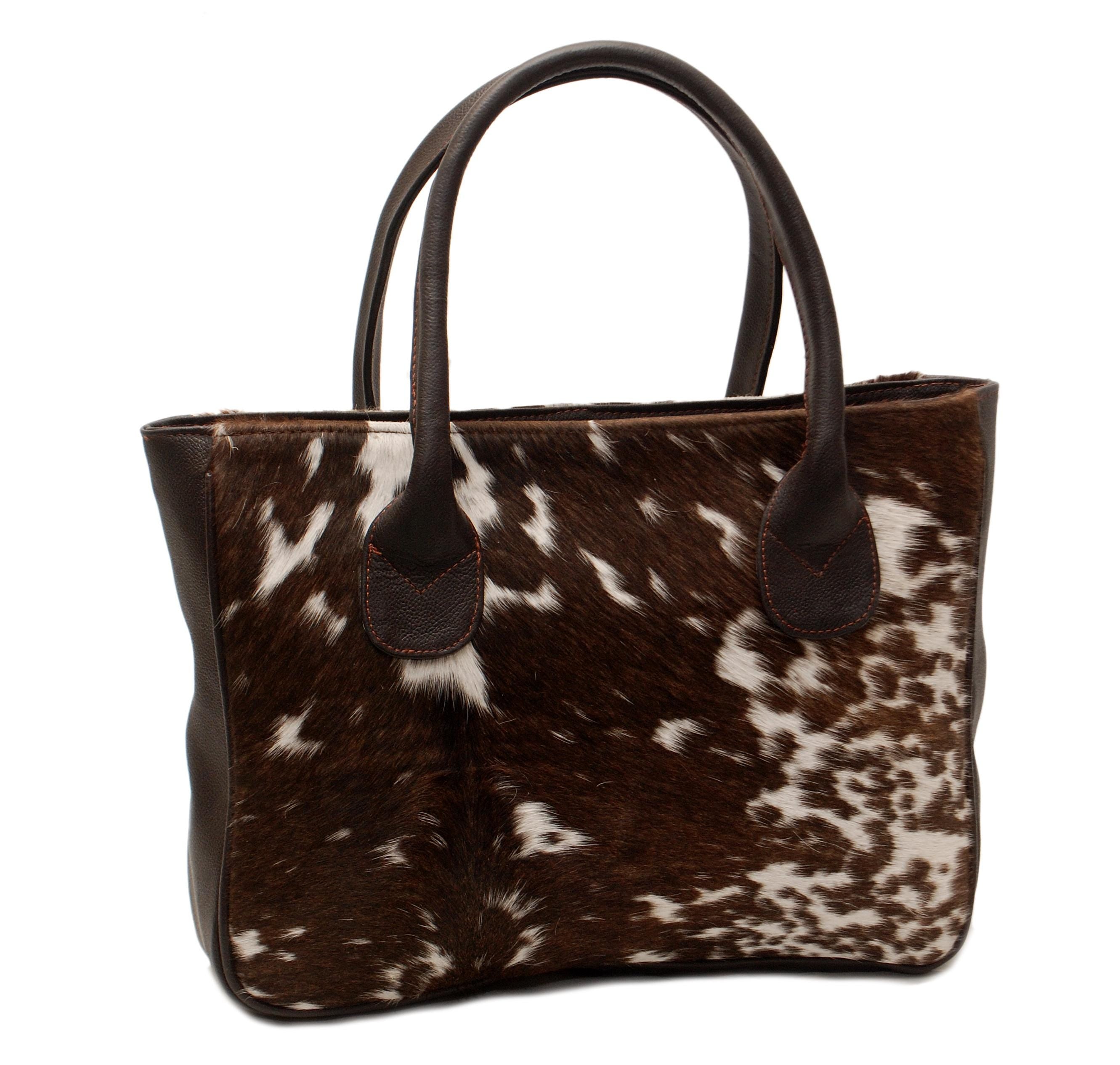 Stylish Brown and White Cowhide Shoulder Bag - Handmade Animal Print Leather Tote with Fast Worldwide Shipping