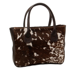Stylish Brown and White Cowhide Shoulder Bag - Handmade Animal Print Leather Tote with Fast Worldwide Shipping