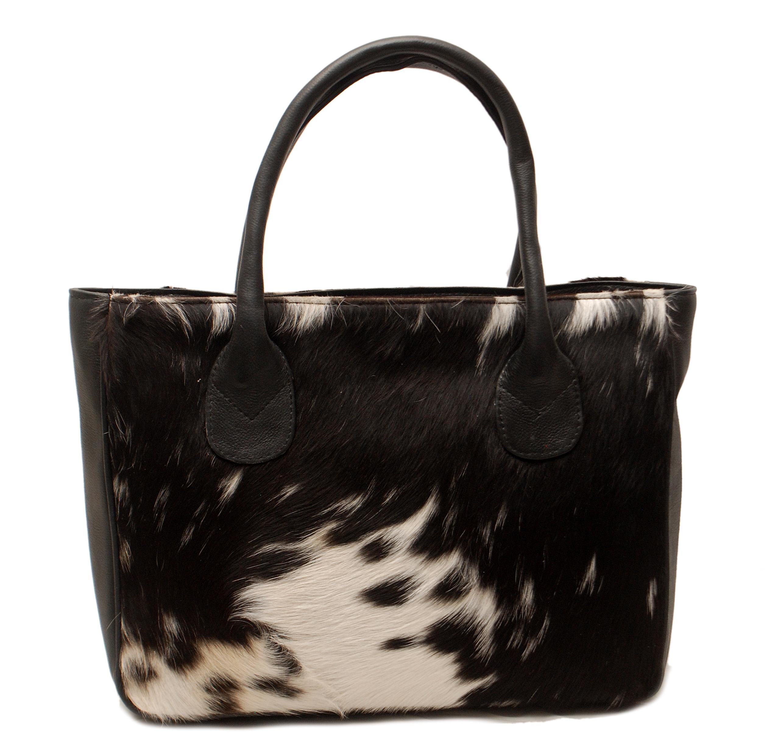 Stylish Black and White Cowhide Shoulder Bag - Handmade Leather Tote for Women, Versatile and Durable Fashion Accessory for Daily Wear