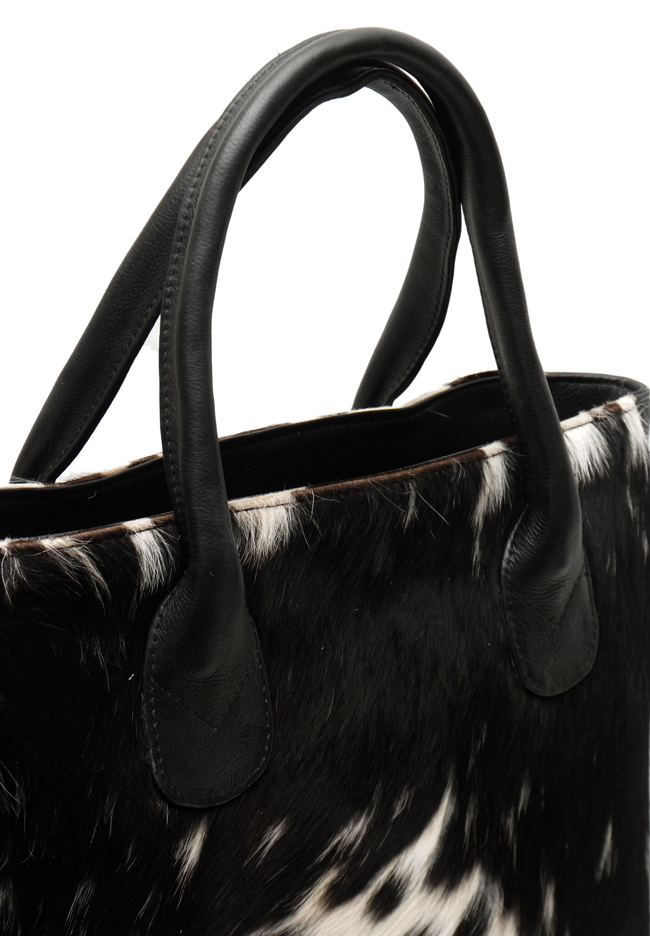 Stylish Black and White Cowhide Shoulder Bag - Handmade Leather Tote for Women, Versatile and Durable Fashion Accessory for Daily Wear