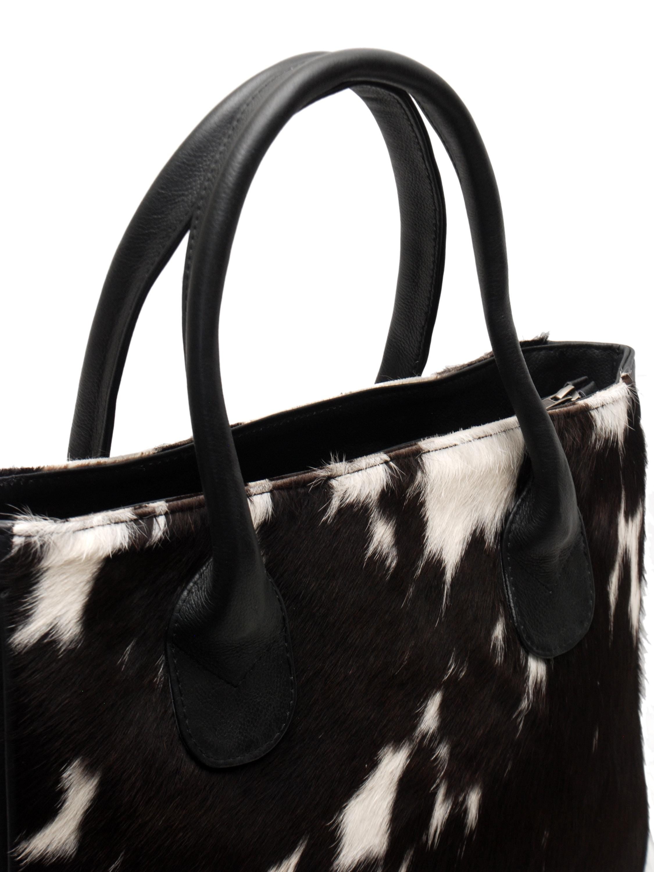 Stylish Black And White Cowhide Leather Shoulder Bag For Women - Handmade Fashion Tote With Ample Storage And Secure Zip Pocket