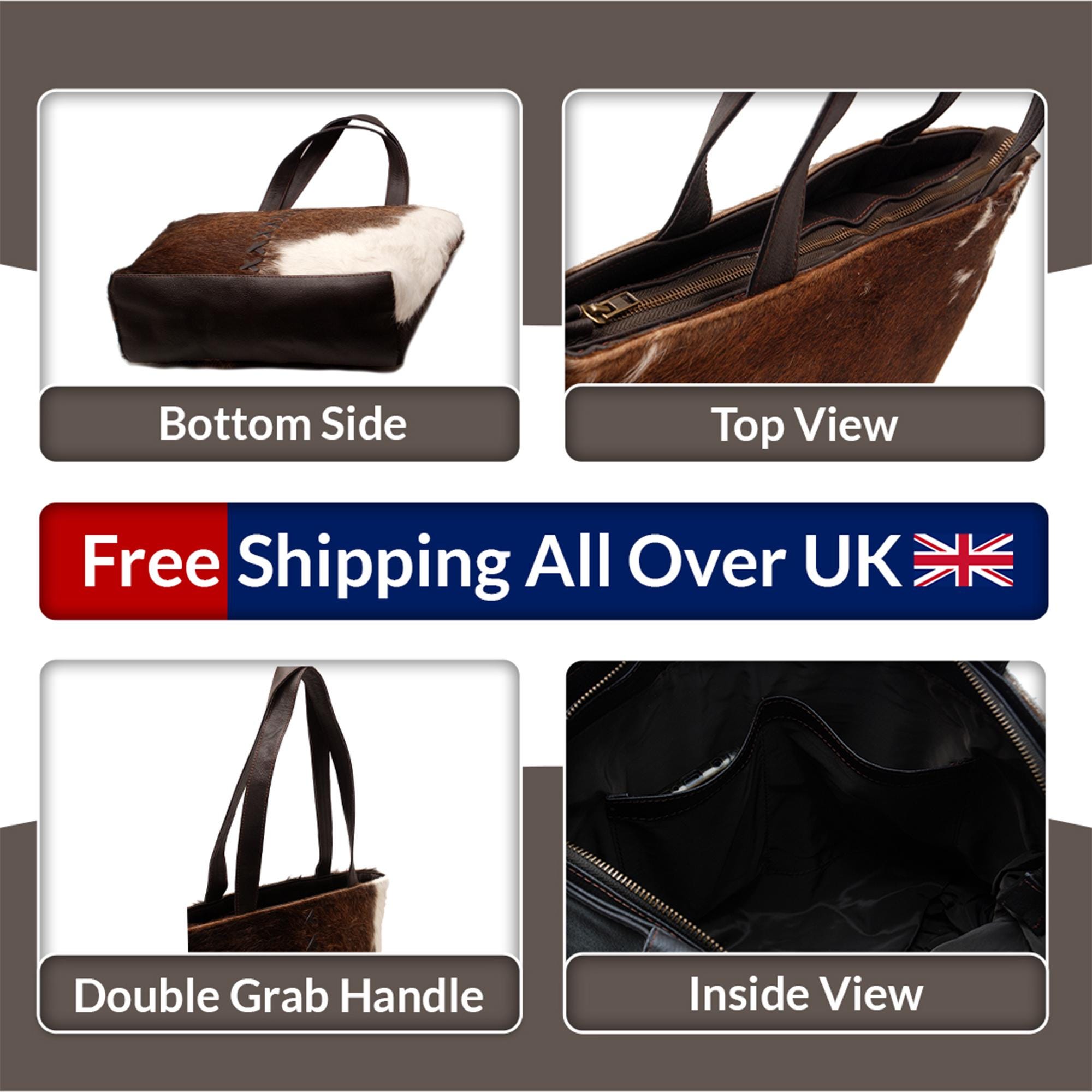 Stylish Dark Brown & White Cowhide Shoulder Bag - Handmade Leather Purse for Women - Fashionable - Spacious Animal Print Tote Bag