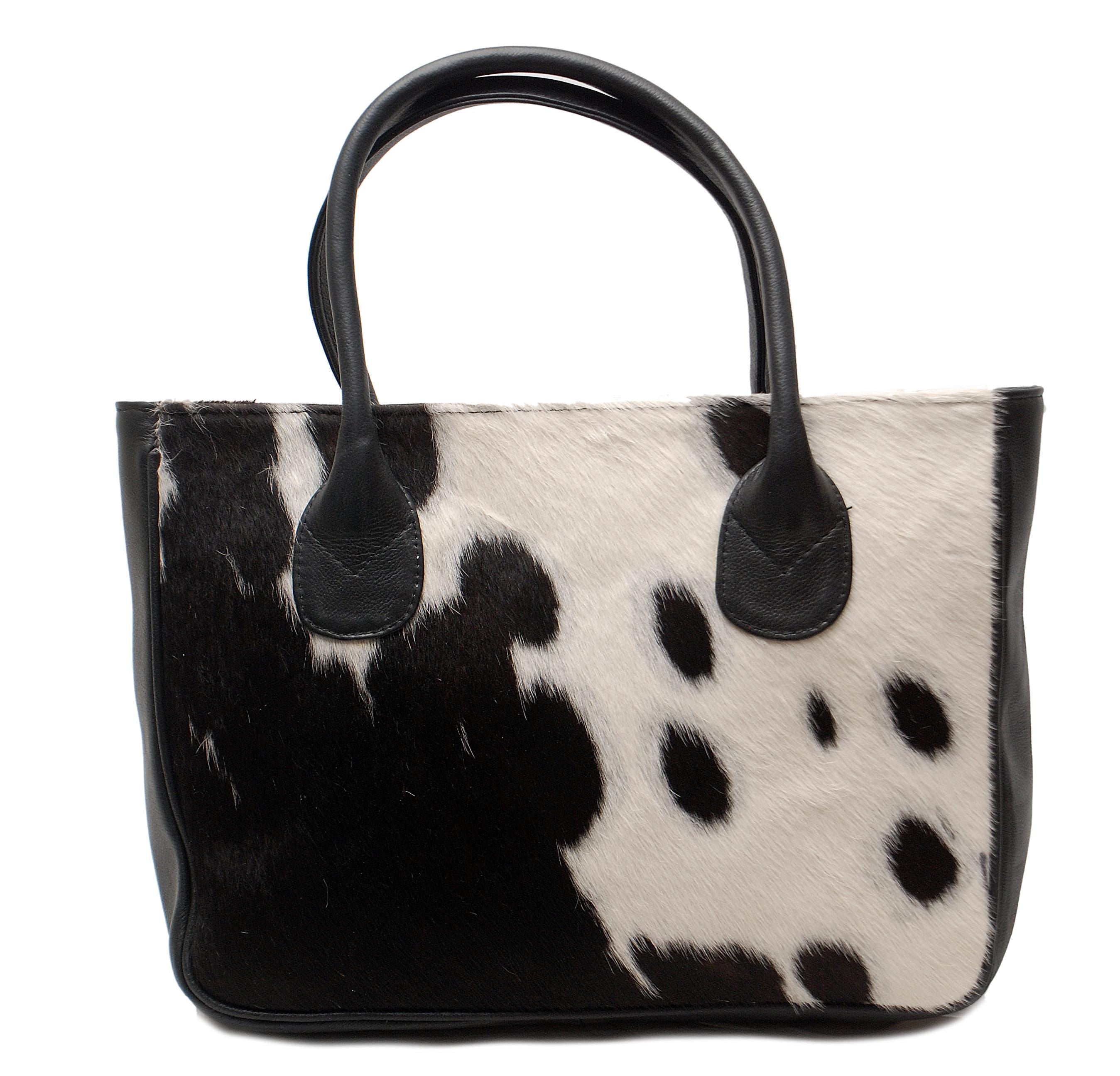 Stylish Black & White Cowhide Shoulder Bag - Handmade Cowskin Purse for Daily Use in Natural Animal Print Variations