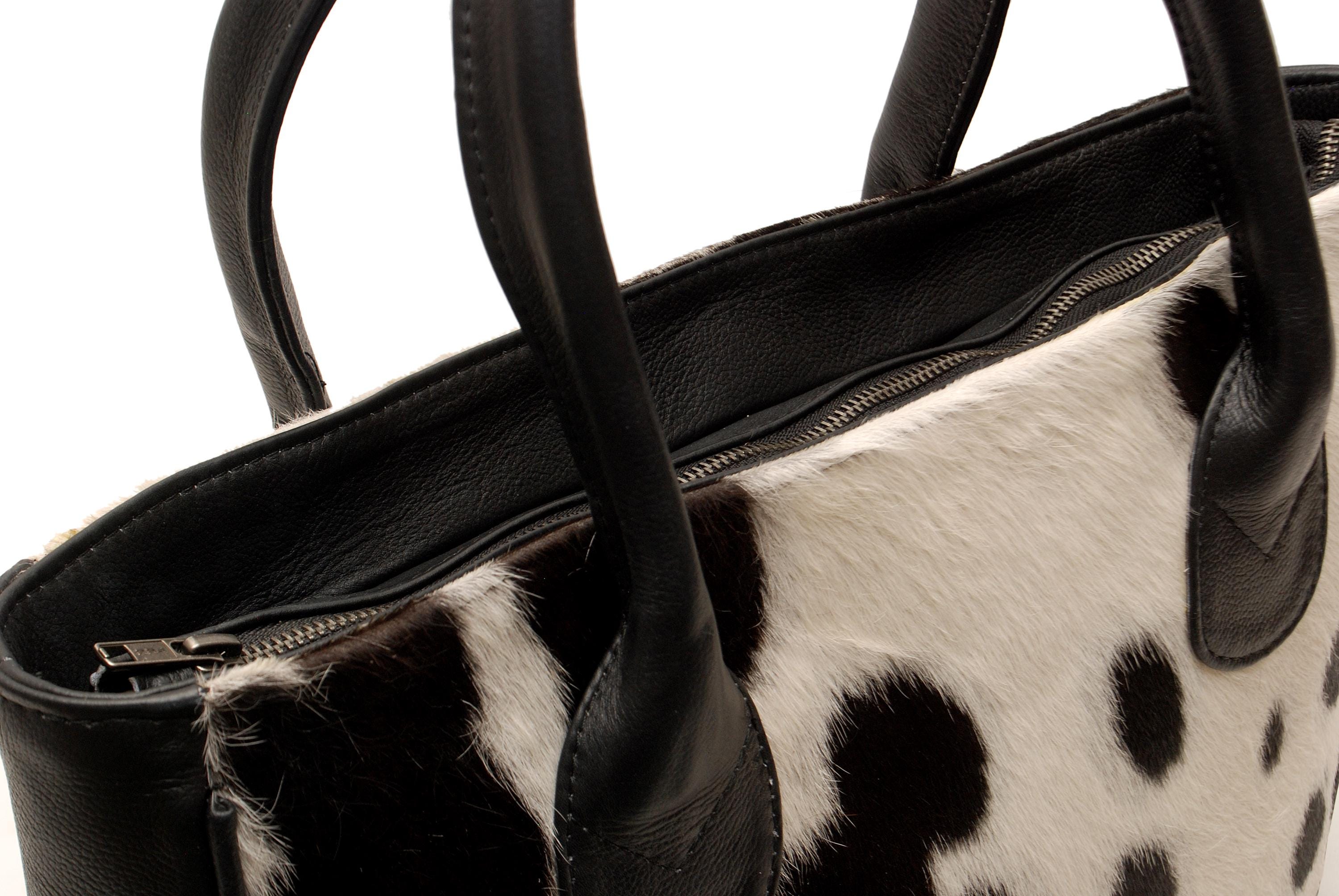Stylish Black & White Cowhide Shoulder Bag - Handmade Cowskin Purse for Daily Use in Natural Animal Print Variations