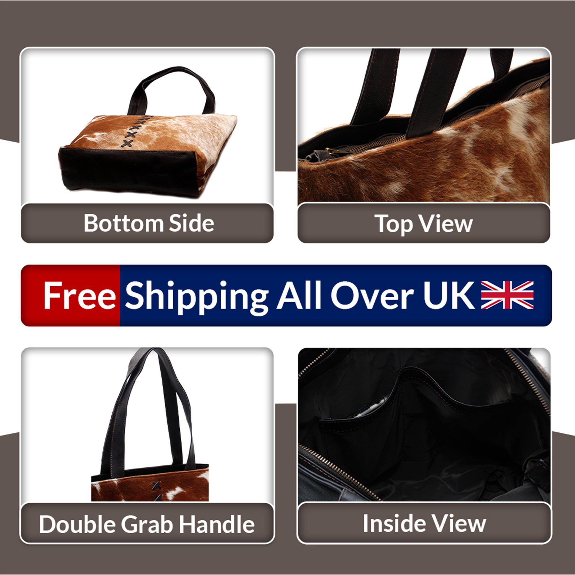 Stylish Brown & White Cowhide Shoulder Bag with Animal Print - Handmade Leather Tote for Women, Spacious - Fashionable Everyday Purse