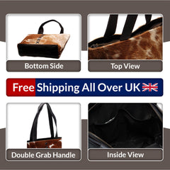 Stylish Brown and White Cowhide Shoulder Bag - Handmade Leather Tote with Zipped Closure, Fashionable and Versatile Daily Handbag