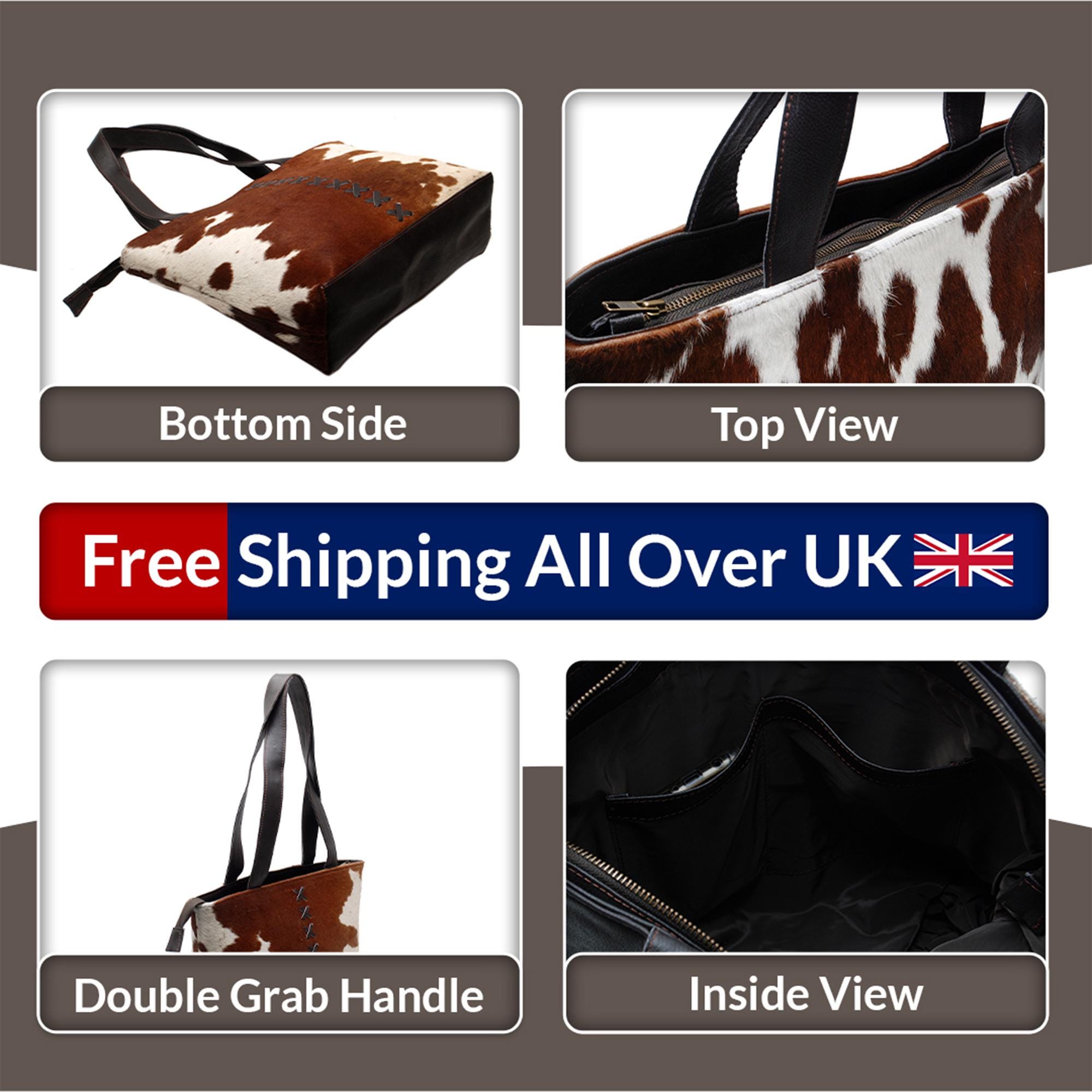 Stylish Brown and White Cowhide Shoulder Bag with Natural Animal Print - Handmade Leather Tote for Women - Trendy Daily Handbag