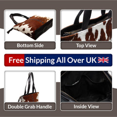 Stylish Brown and White Cowhide Shoulder Bag with Natural Animal Print - Handmade Leather Tote for Women - Trendy Daily Handbag