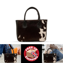 Stylish Dark Brown & White Cowhide Leather Tote Bag, Handmade in South Asia, Durable - Spacious Shoulder Bag for Daily Wear