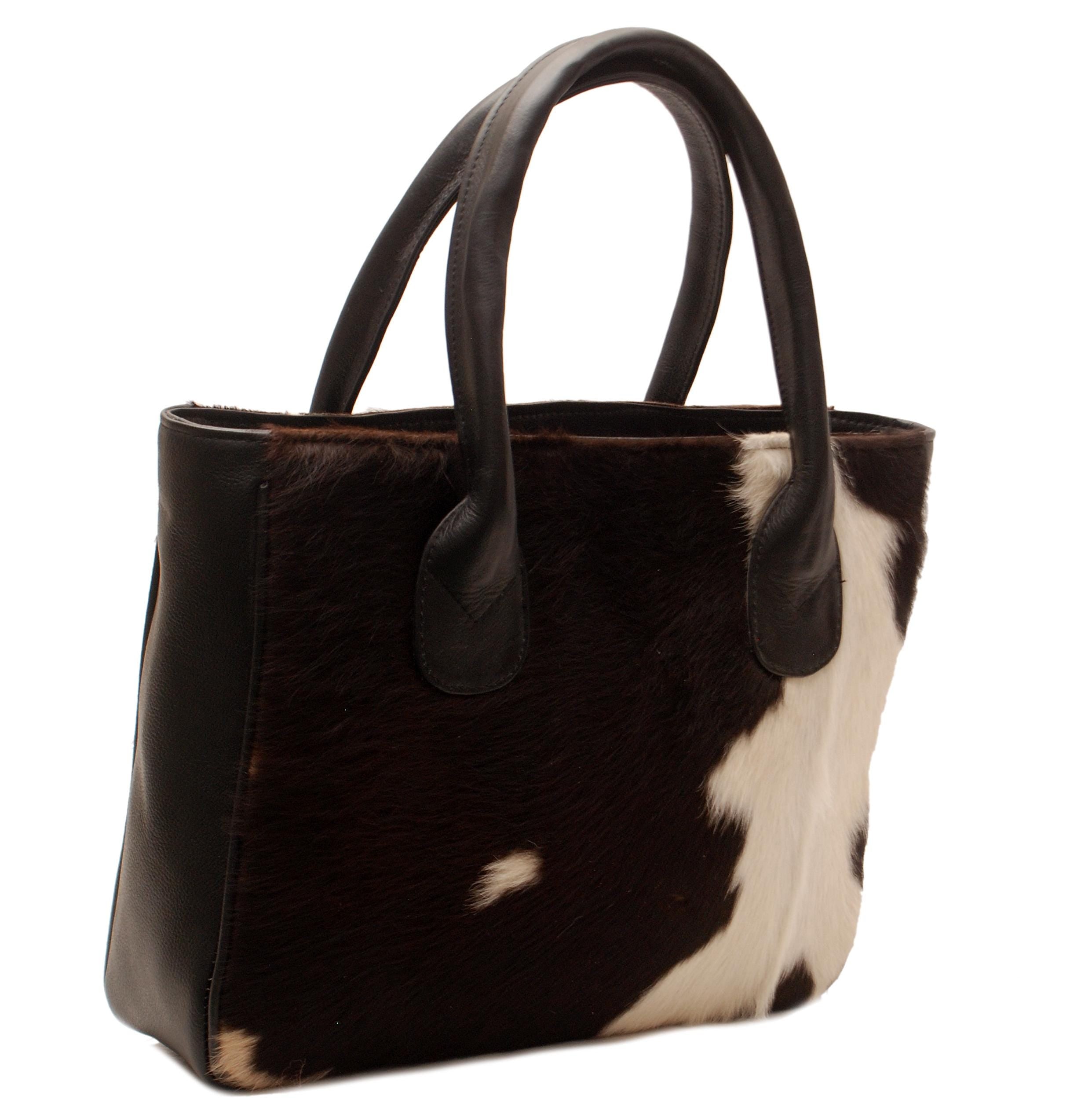 Stylish Dark Brown & White Cowhide Leather Tote Bag, Handmade in South Asia, Durable - Spacious Shoulder Bag for Daily Wear