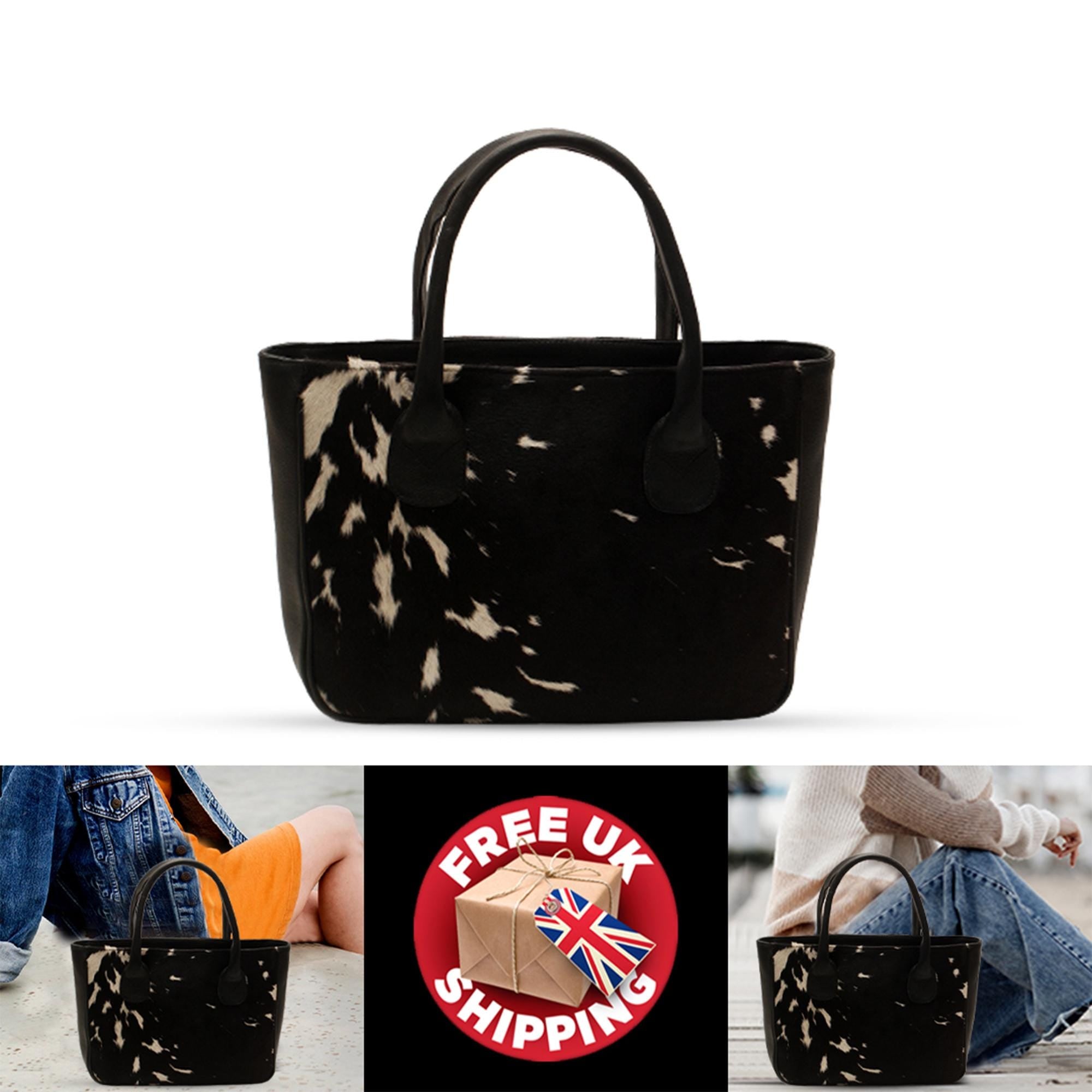 Stylish Dark Brown and White Cowhide Tote Bag - Handmade with Genuine Leather, Spacious Interior, Unique Patterns, Easy to Clean