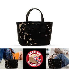 Stylish Dark Brown and White Cowhide Tote Bag - Handmade with Genuine Leather, Spacious Interior, Unique Patterns, Easy to Clean