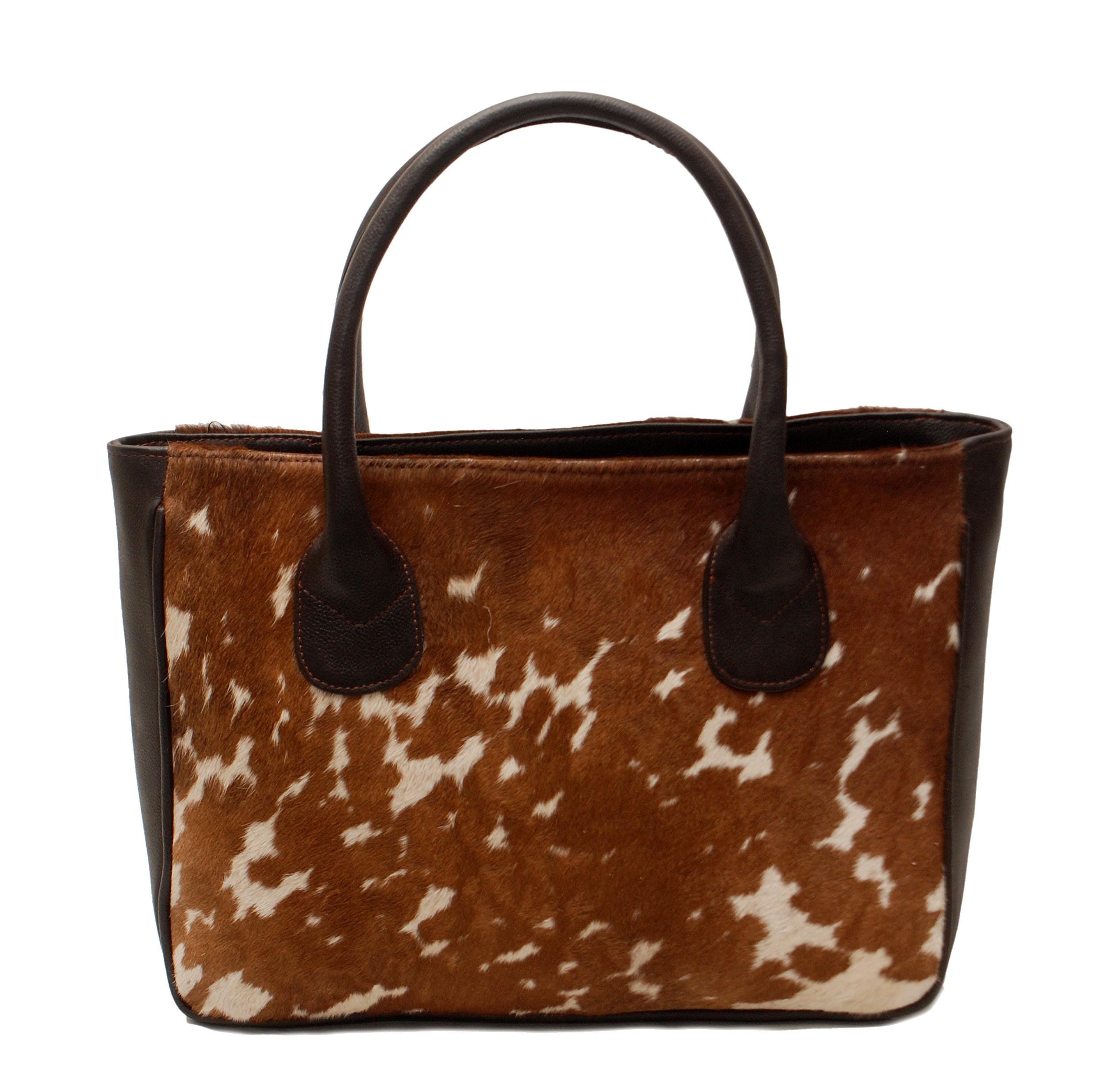 Handmade Brown and White Cowhide Shoulder Bag - Chic Leather Tote with Stylish Animal Print Design, Spacious and Versatile Daily Handbag