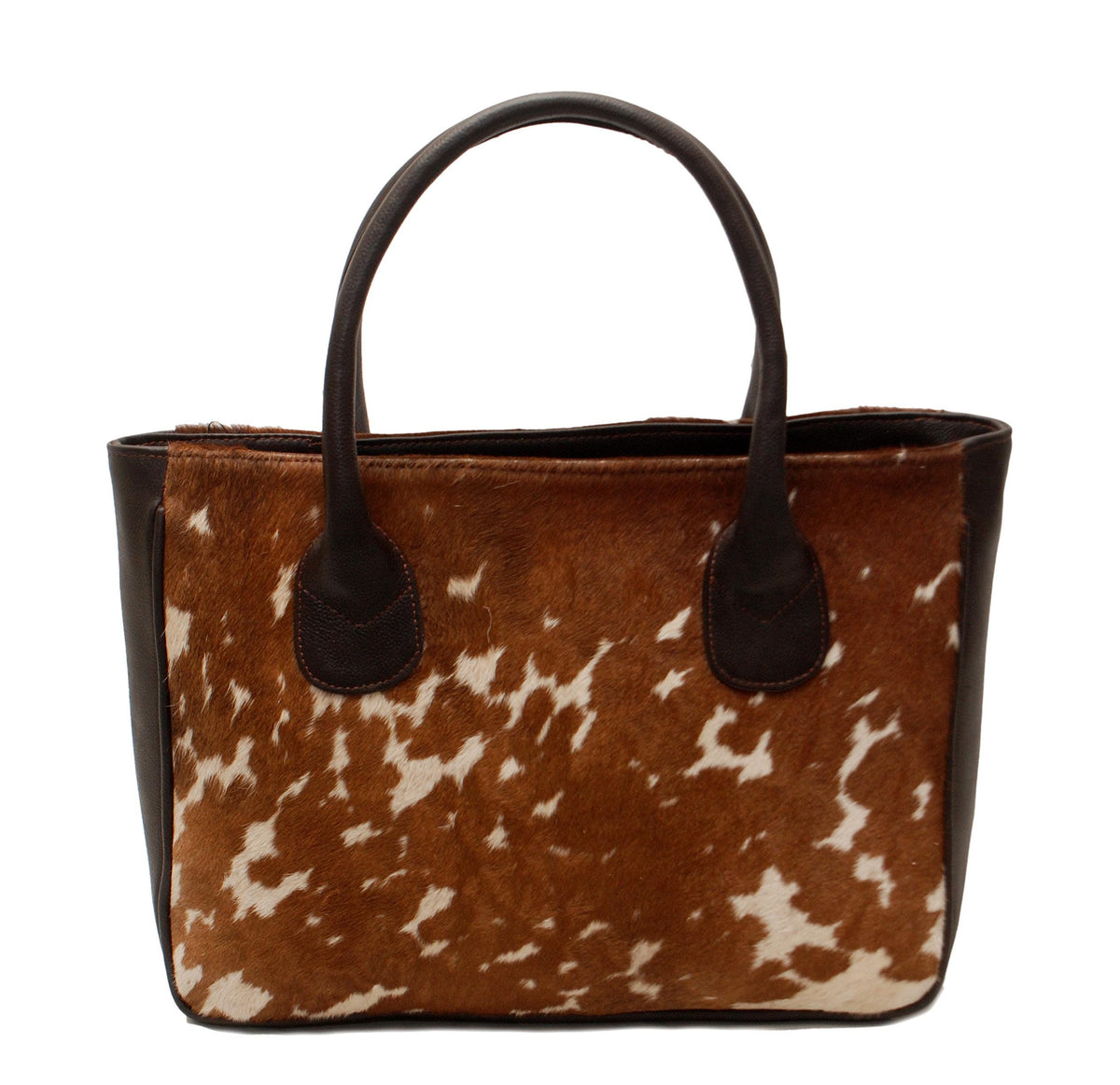Handmade Brown and White Cowhide Shoulder Bag - Chic Leather Tote with Stylish Animal Print Design, Spacious and Versatile Daily Handbag