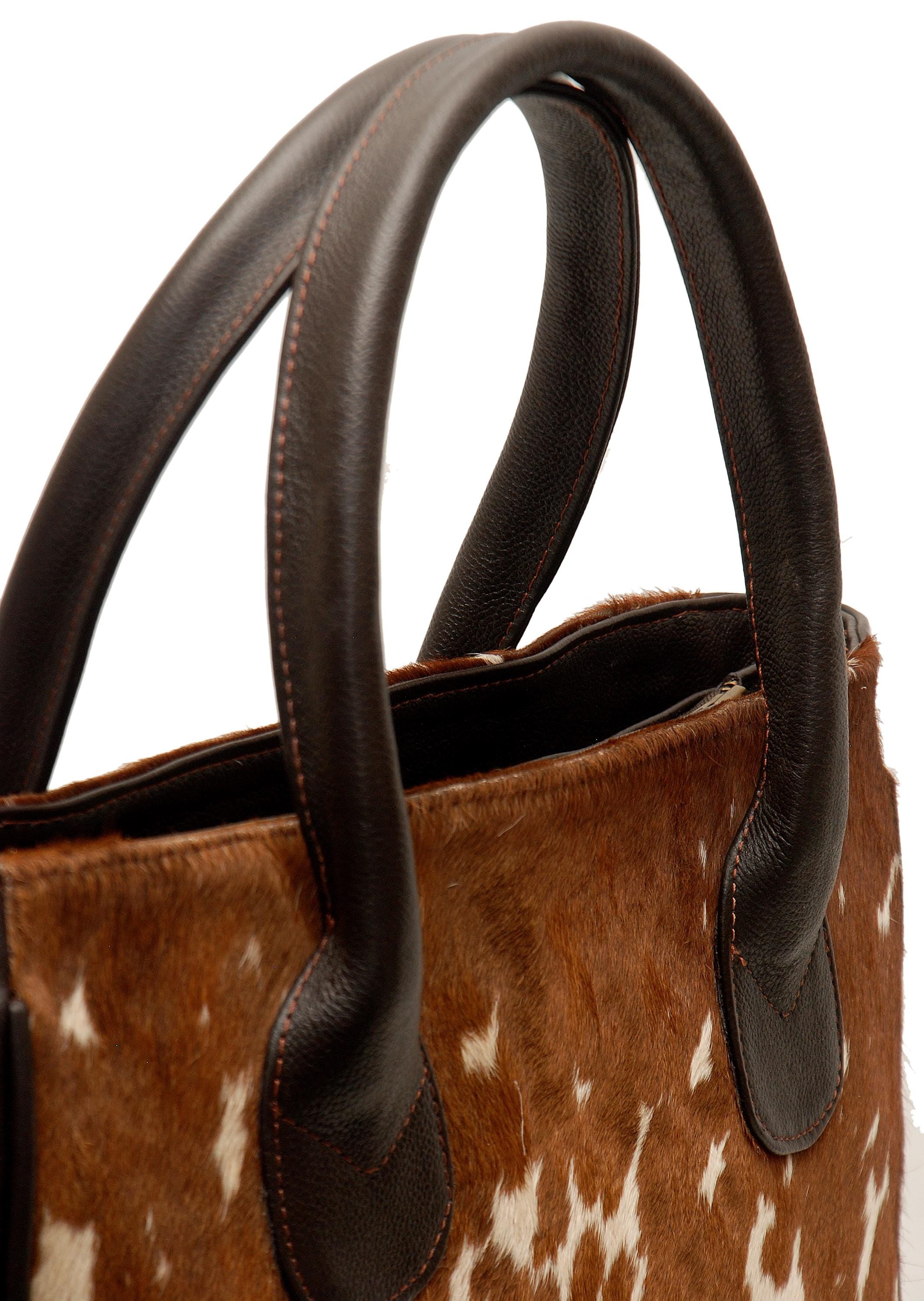 Handmade Brown and White Cowhide Shoulder Bag - Chic Leather Tote with Stylish Animal Print Design, Spacious and Versatile Daily Handbag