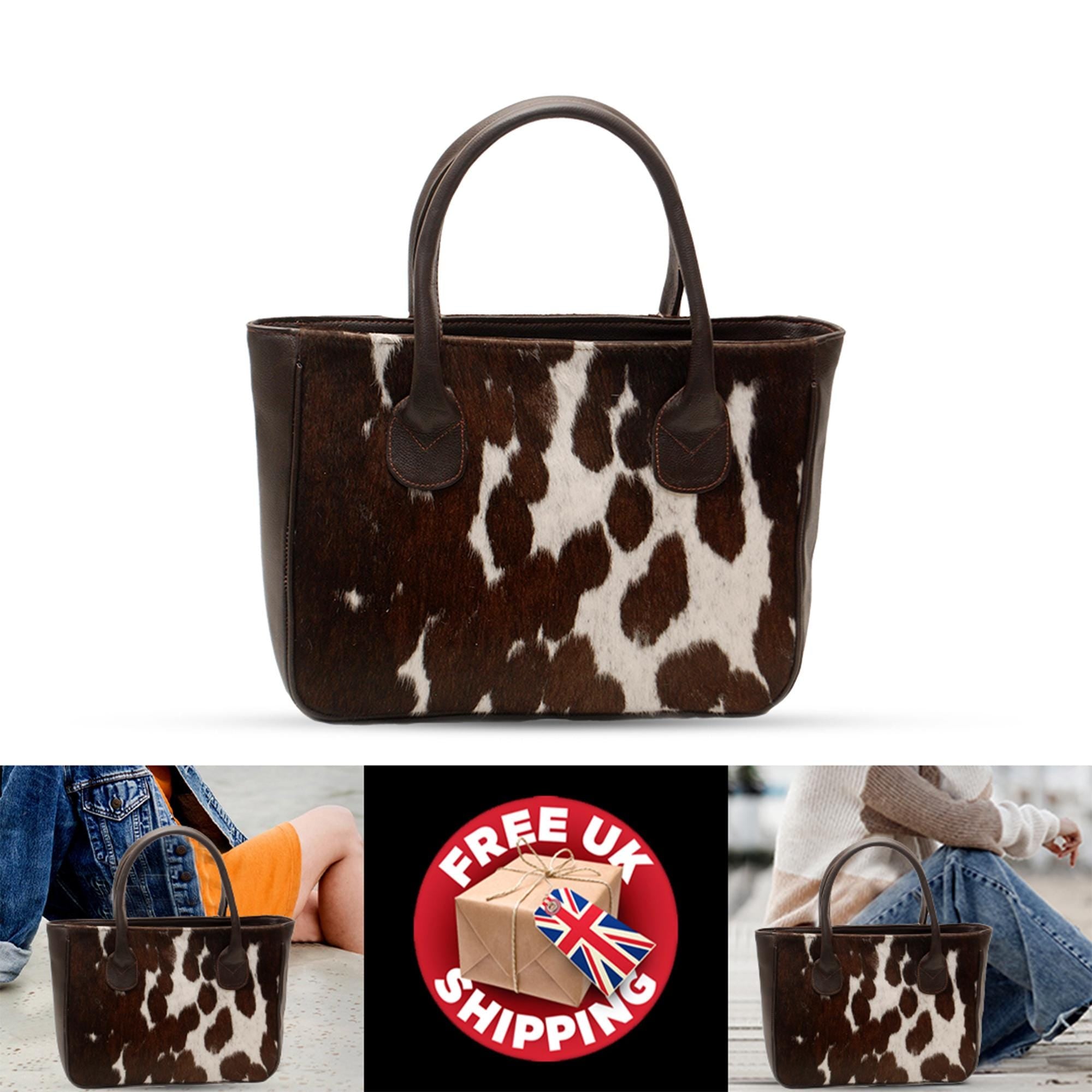 Chic Brown & White Cowhide Shoulder Bag - Handmade Leather Purse with Versatile Design - Spacious Compartments