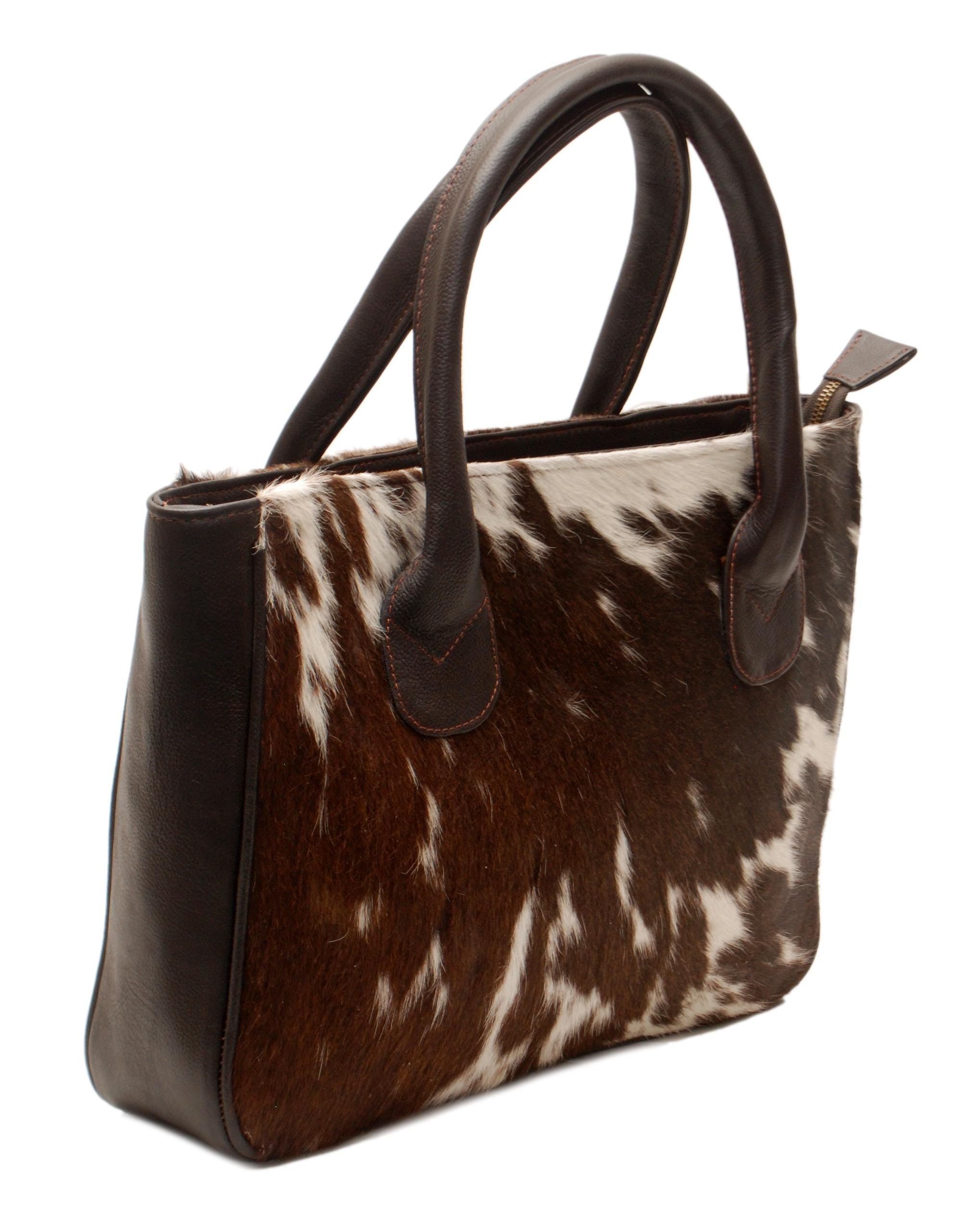 Chic Brown and White Cowhide Shoulder Bag - Spacious Hair On Leather Purse for Women - Handmade in South Asia with Unique Animal Print