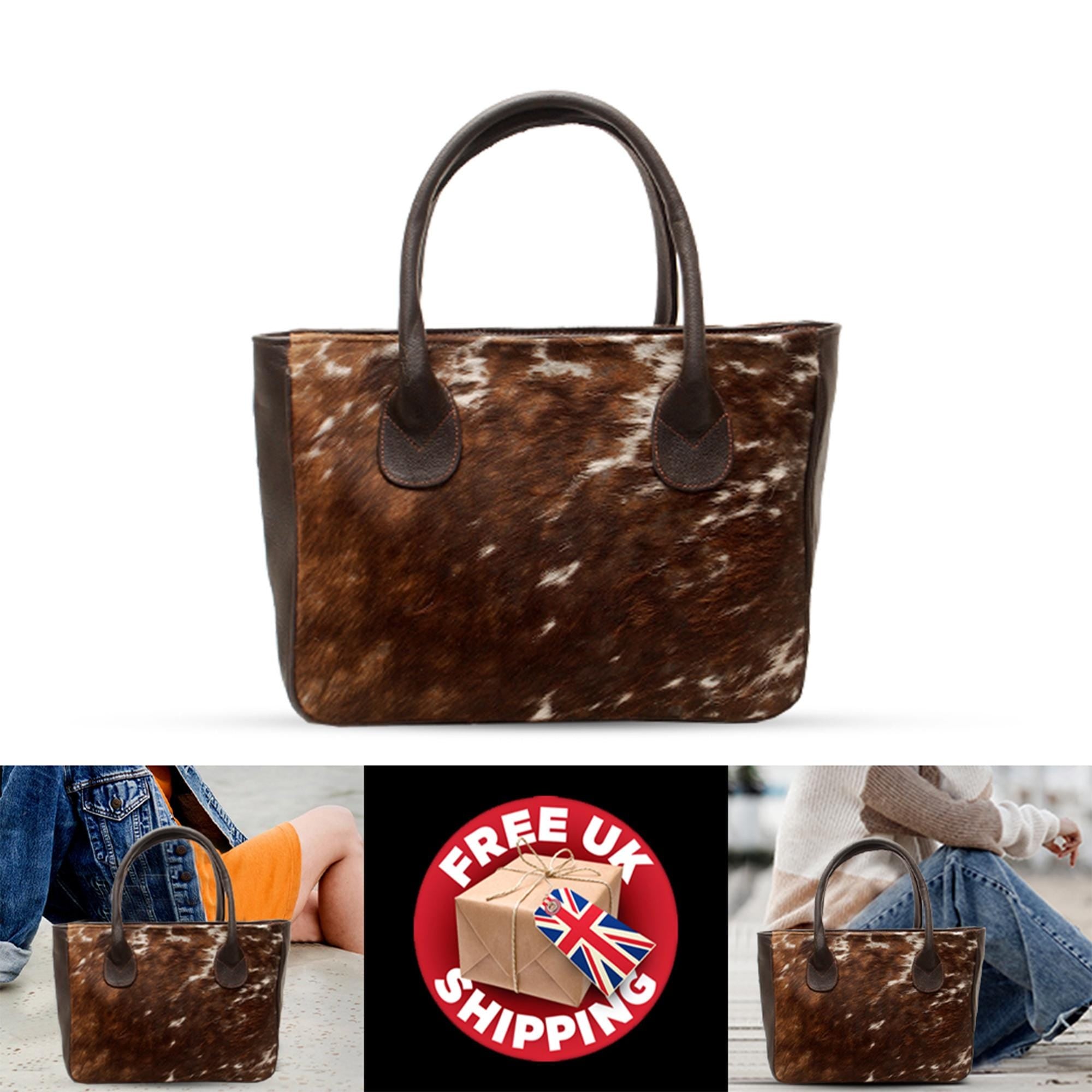 Stylish Dark Brown and White Cowhide Shoulder Bag - Handmade Leather Tote with Spacious Design, Fast Shipping Worldwide | Trendy Women's