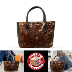 Stylish Dark Brown and White Cowhide Shoulder Bag - Handmade Leather Tote with Spacious Design, Fast Shipping Worldwide | Trendy Women's