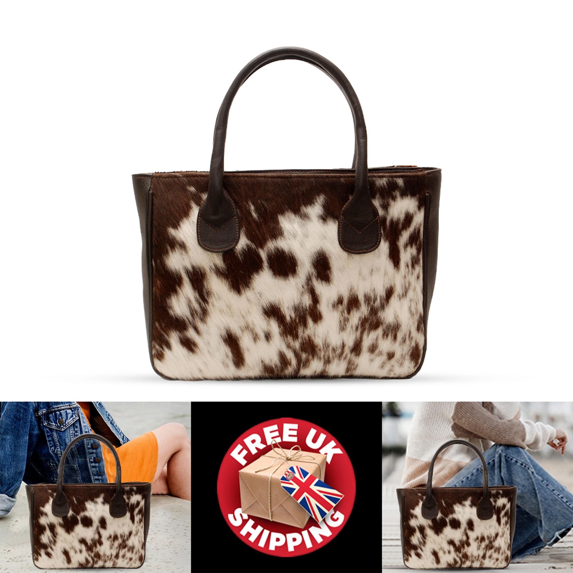 Fashionable Dark Brown and White Cowhide Shoulder Bag - Handmade Leather Tote for Women, Stylish Daily Handbag with Natural Animal Print