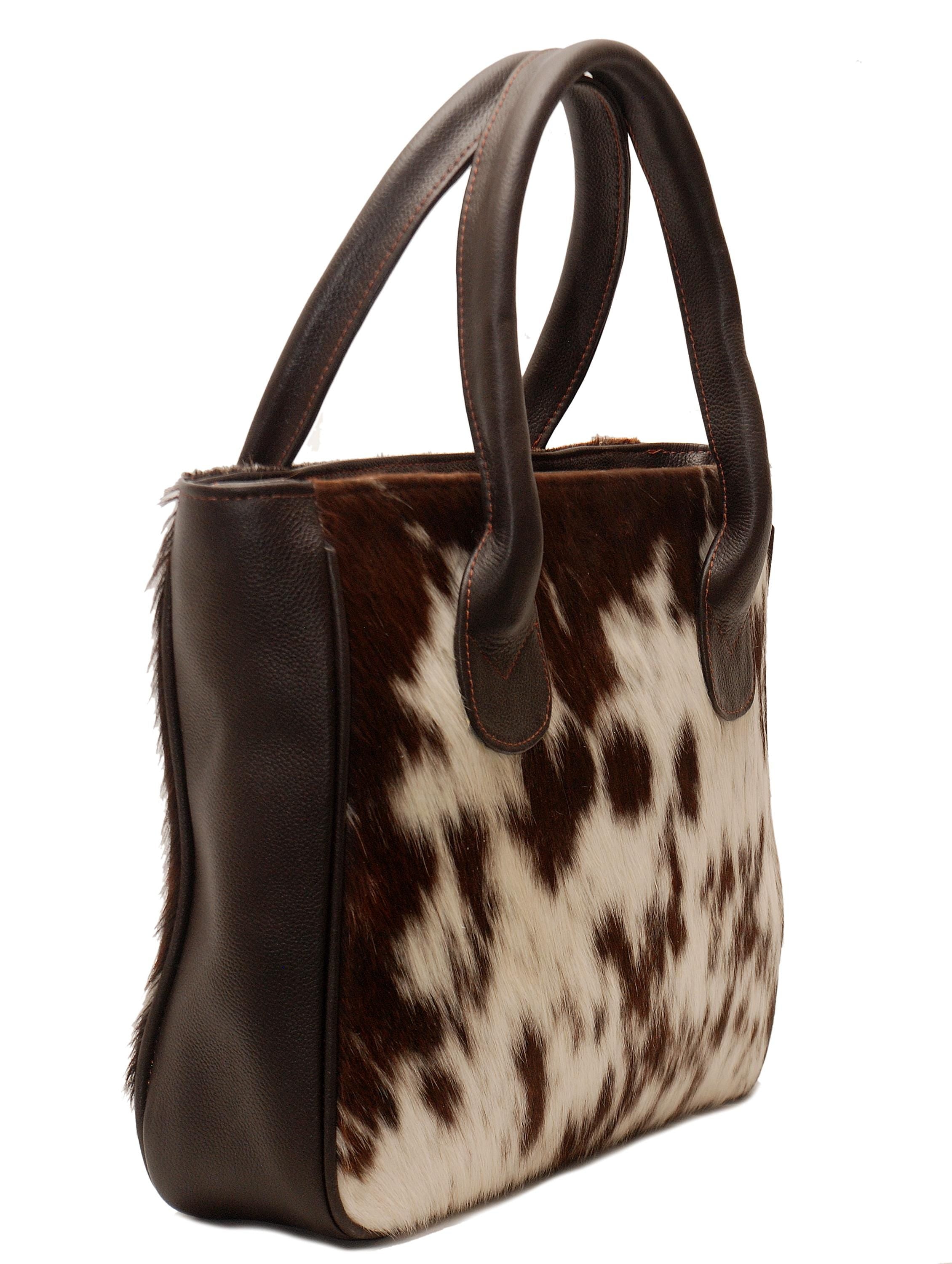 Fashionable Dark Brown and White Cowhide Shoulder Bag - Handmade Leather Tote for Women, Stylish Daily Handbag with Natural Animal Print