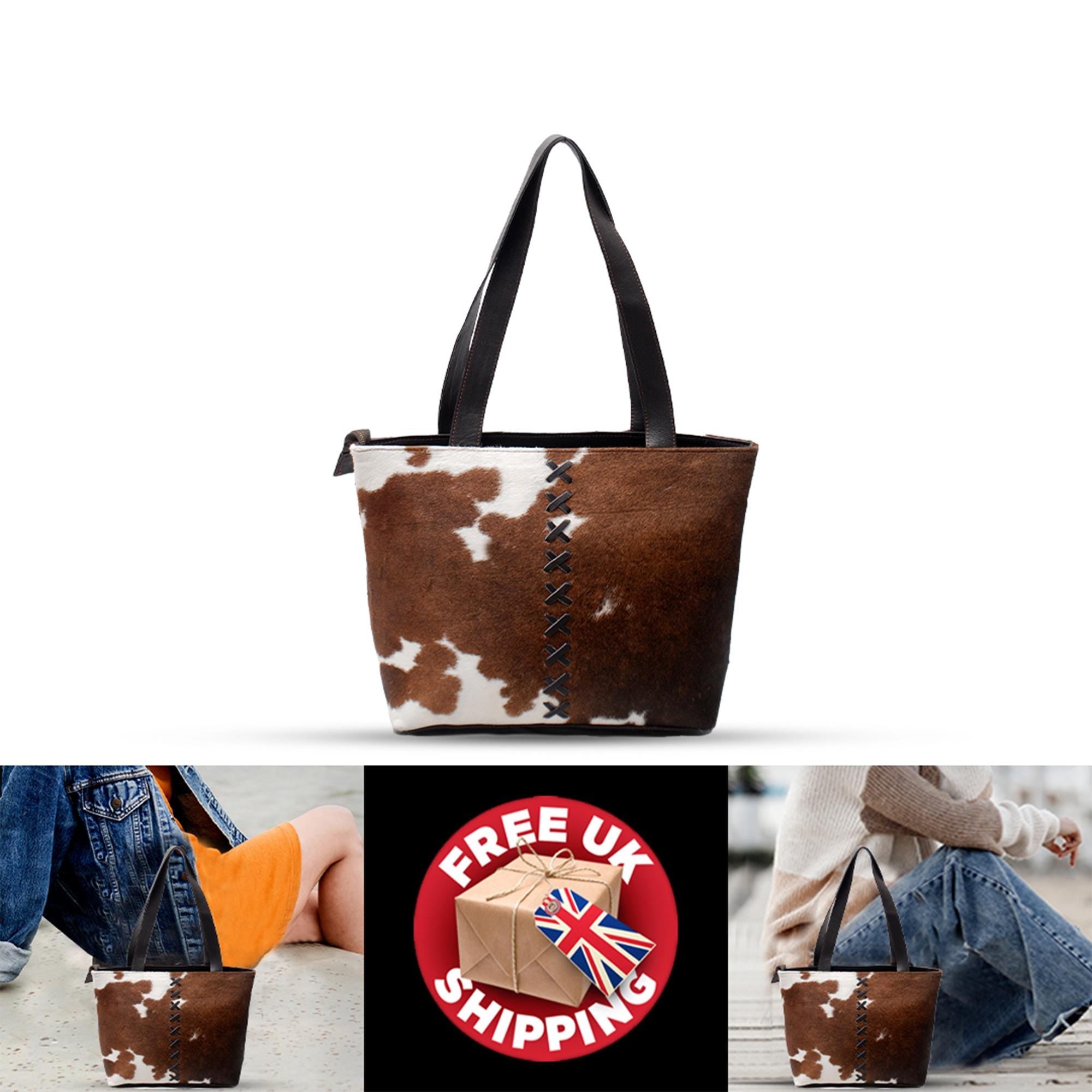 Cowhide Shoulder Bag - Brown & White Hair On Hide Purse, Handmade Leather Tote, Stylish Daily Handbag with Fast Worldwide Shipping